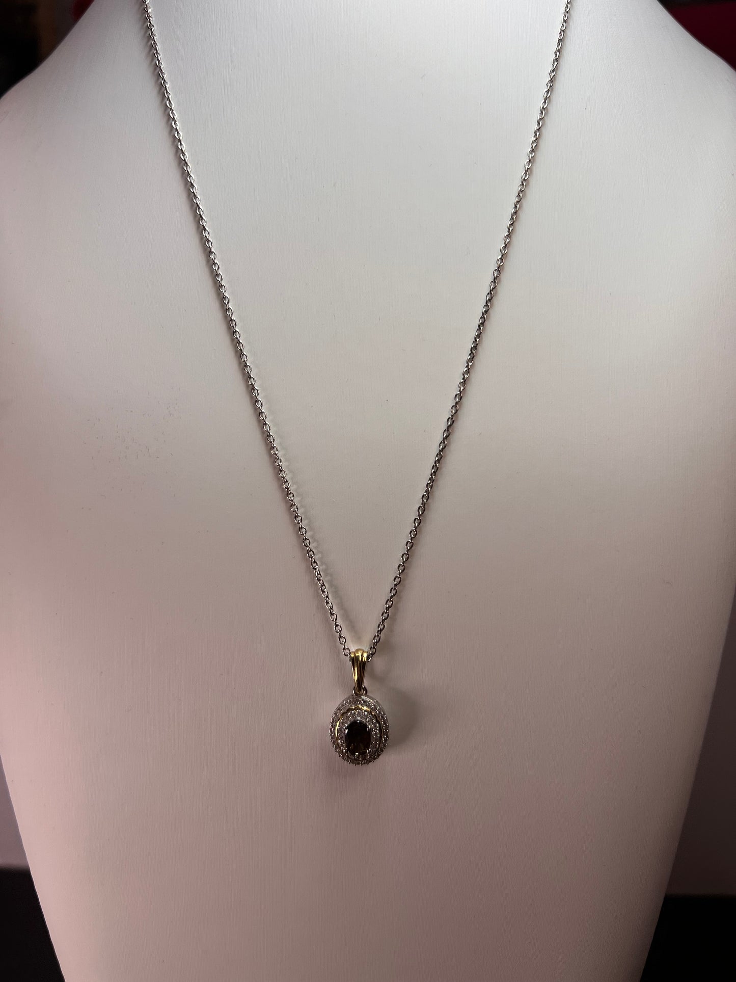 Golden tanzanite and zircon double halo two toned sterling silver pendant and chain necklace