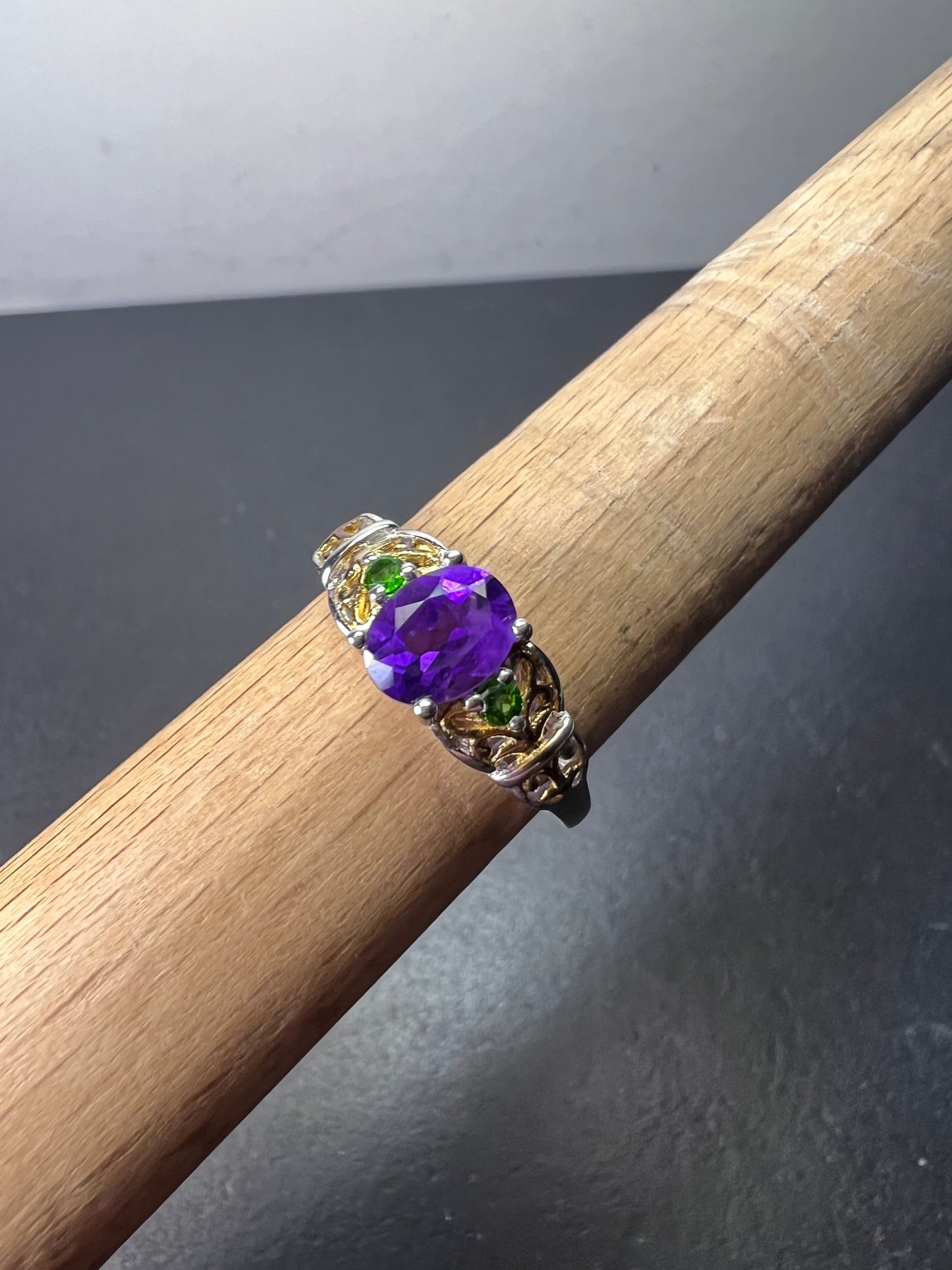 Amethyst and chrome diopside two toned sterling silver ring size 9