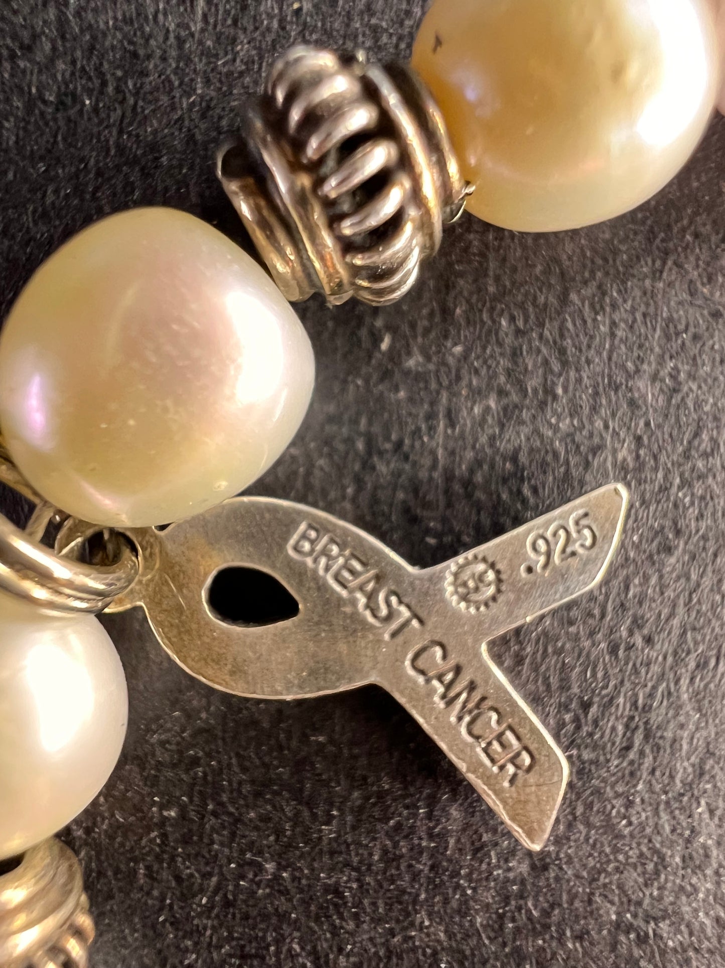 Vintage rose quartz, freshwater pearls, and sterling silver breast cancer awareness bracelet