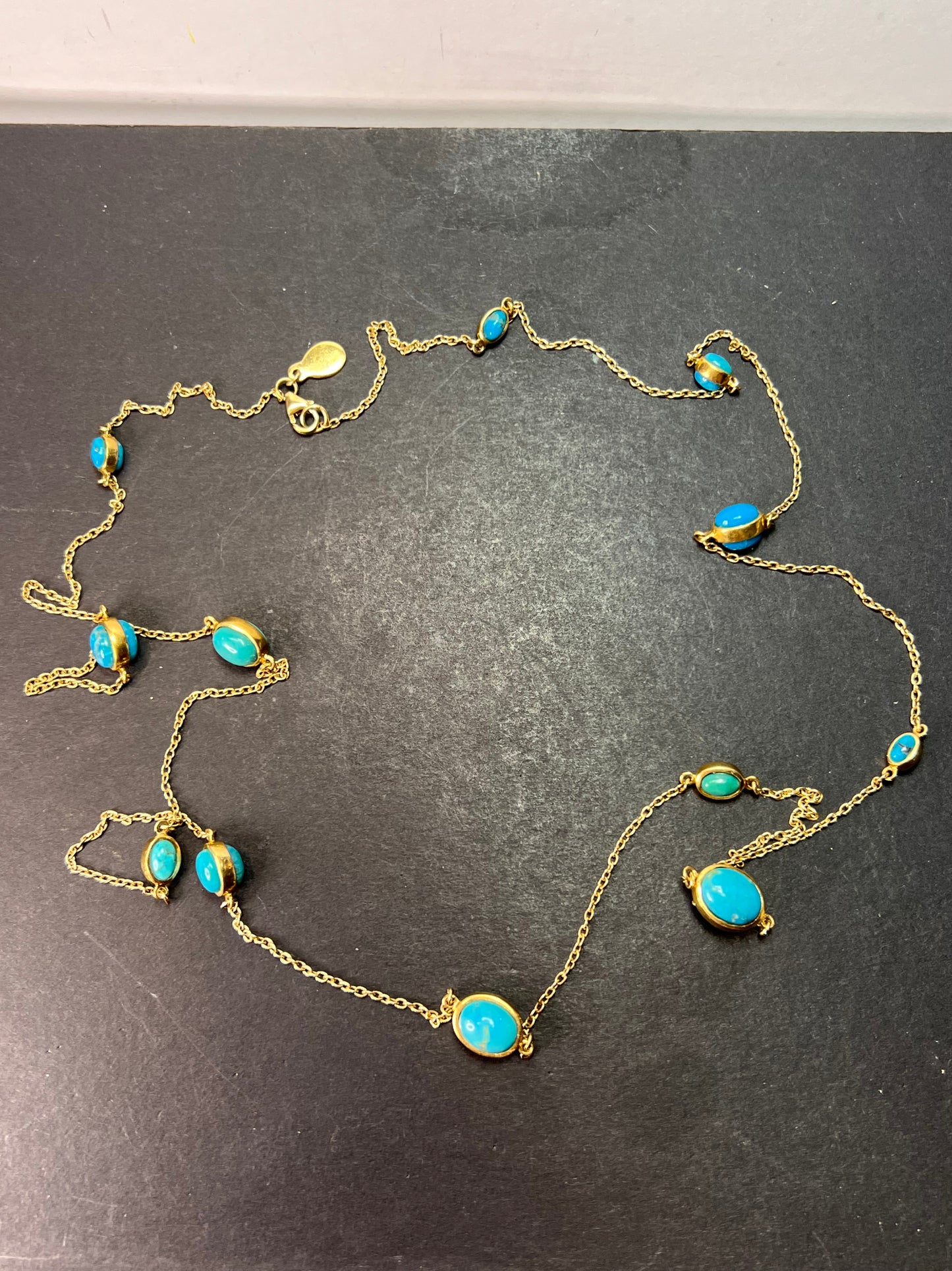 Turquoise 36 inch station necklace in vermeil yellow gold over sterling silver