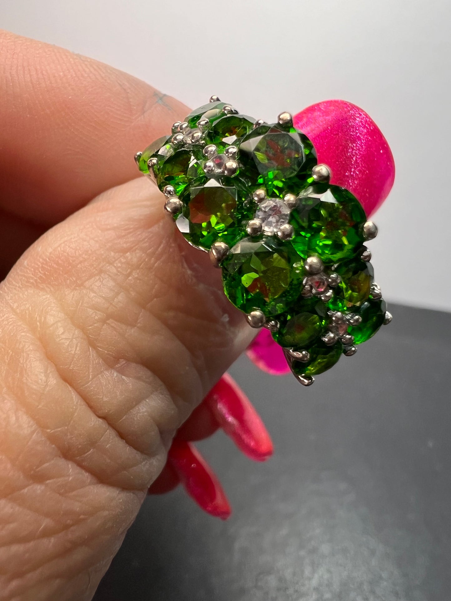 Chrome diopside and white topaz ring in rhodium over sterling silver size 8