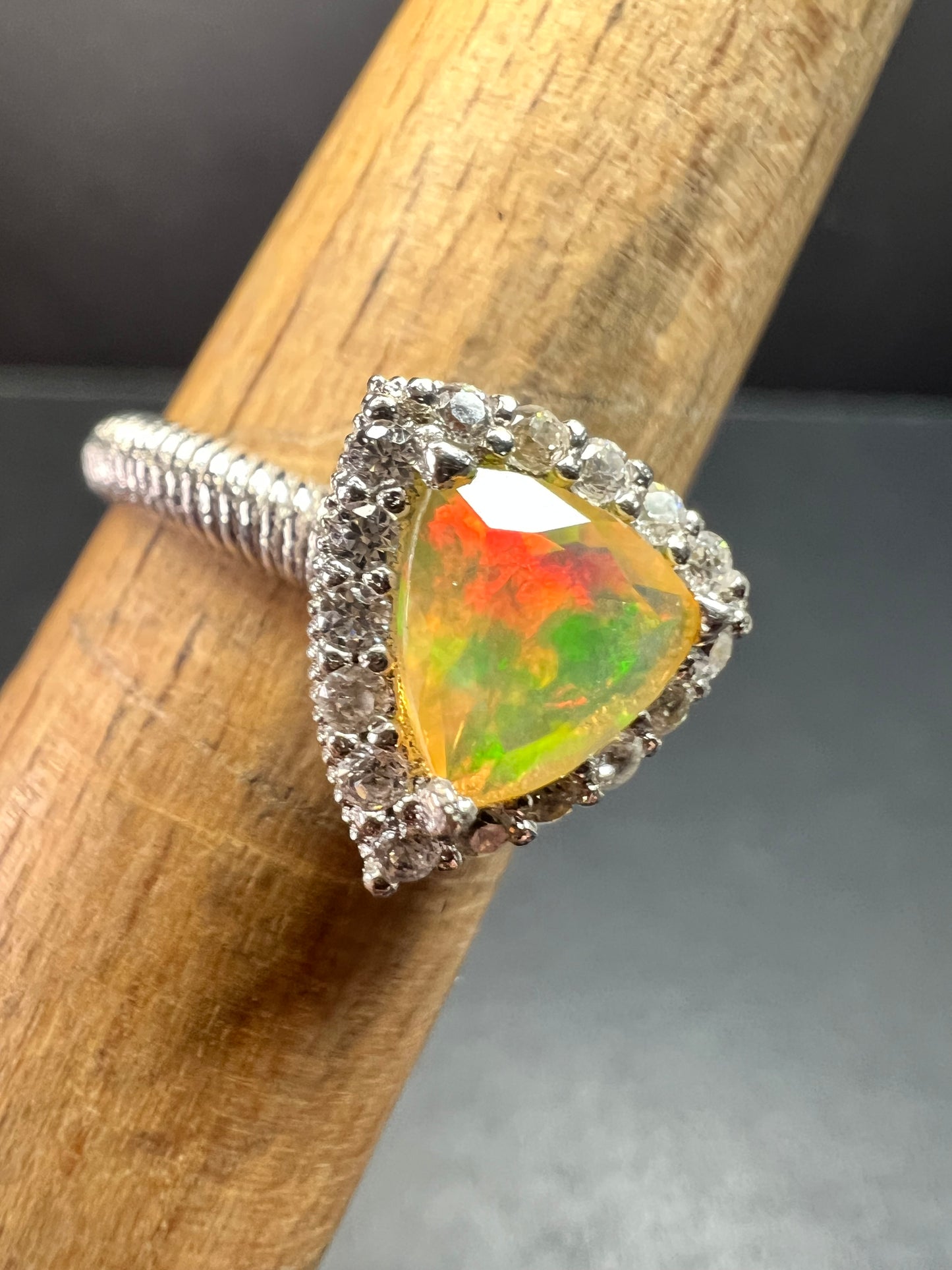 Ethiopian Opal Halo Ring Sterling Silver Size 7 Trillion Cut