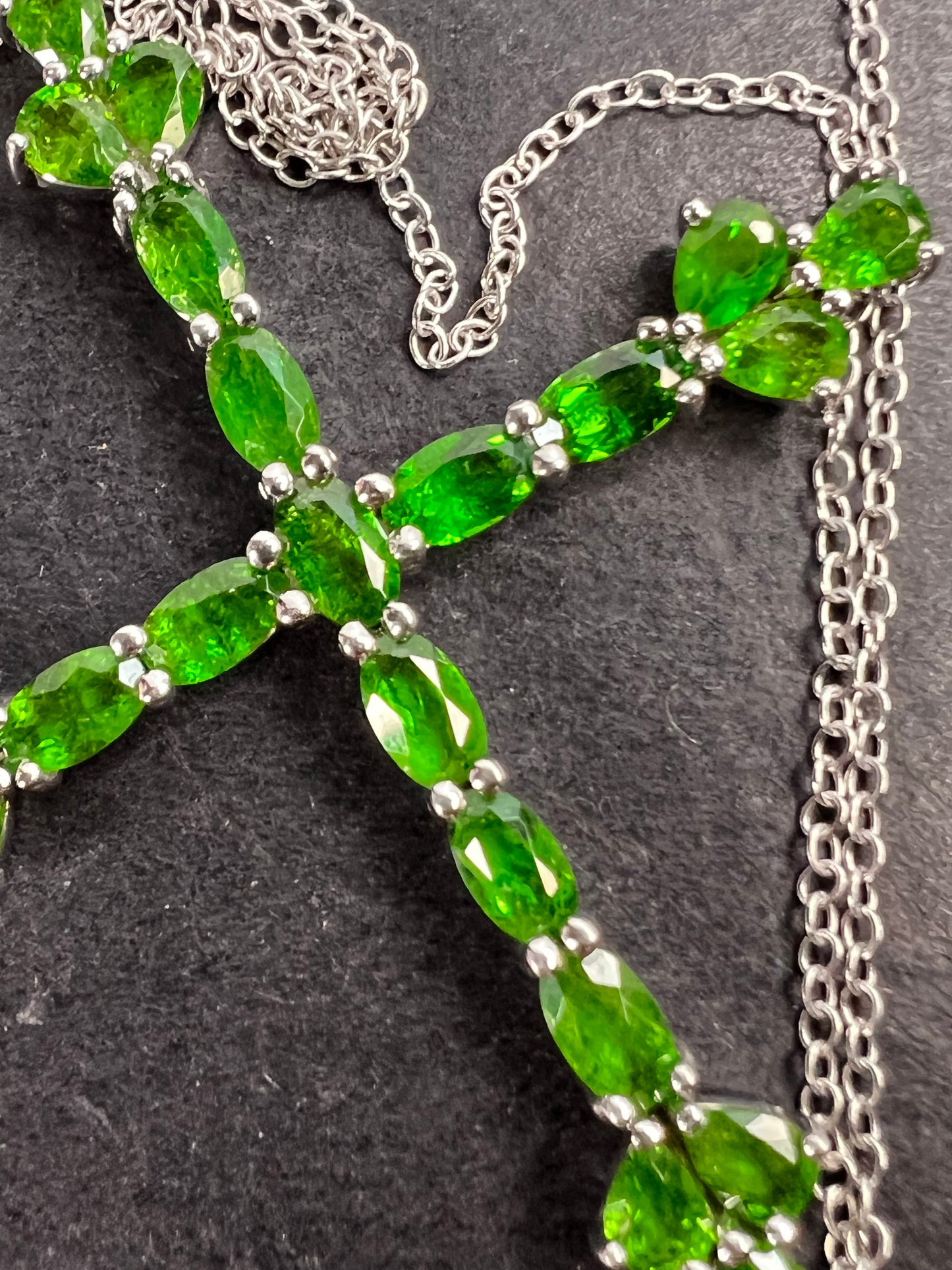 Chrome diopside cross pendant and chain in sterling silver