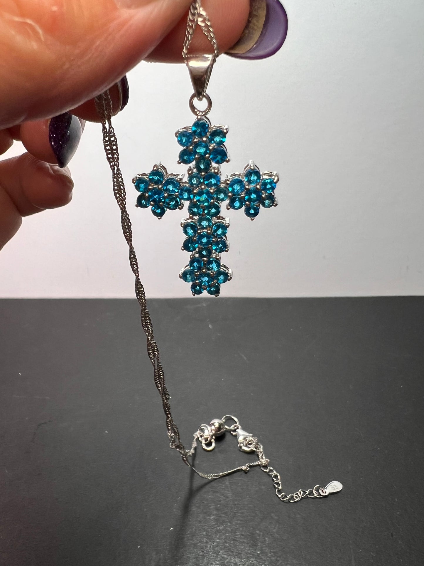 Blue Apatite Rhodium Over Sterling Silver Cross Pendant With Chain 3.25ctw