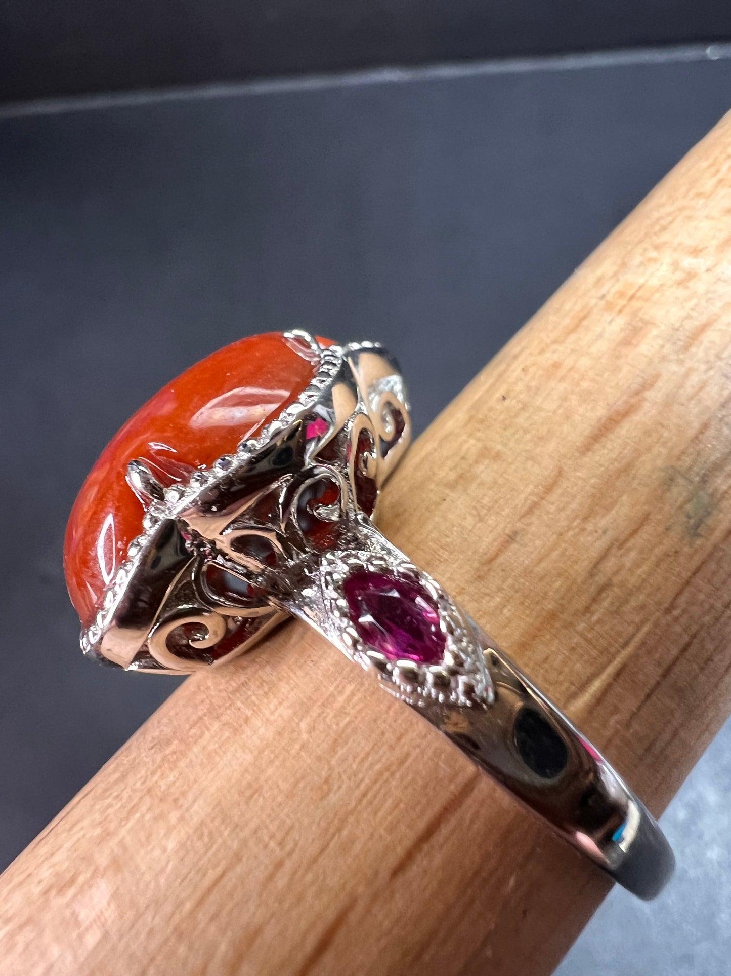 NEW cherry red jade and ruby blossom ring in rhodium over sterling silver size 9
