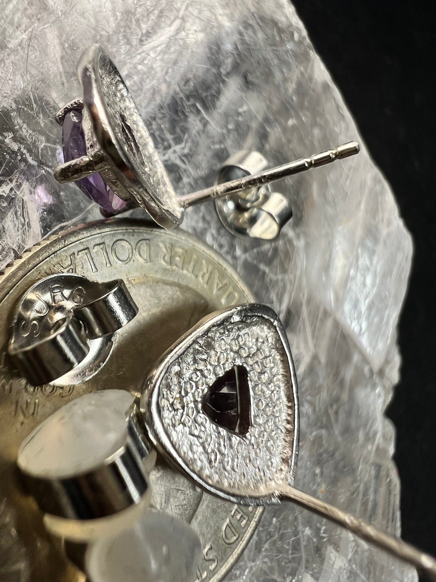 New Sterling Silver Trillion Amethyst Studs w Diamond Accents