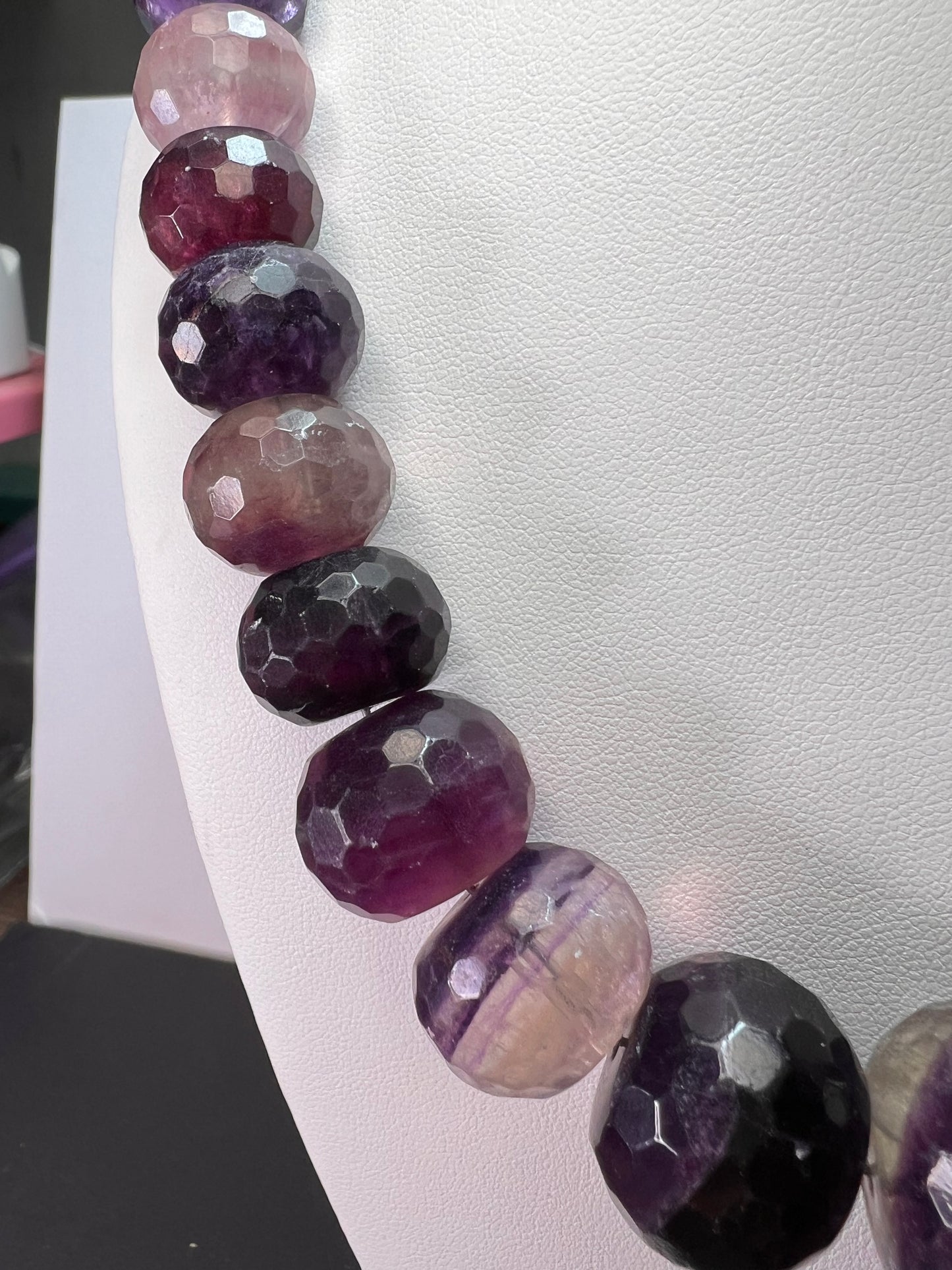 Rainbow and purple fluorite faceted beaded statement necklace with 925 lobster clasp