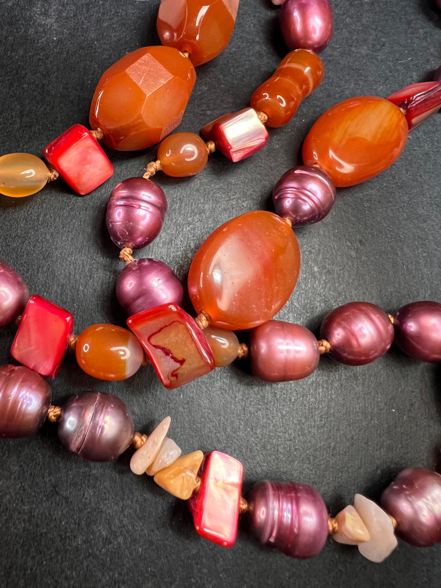 NEW carnelian and freshwater pearl multi strand necklace with sterling silver clasp