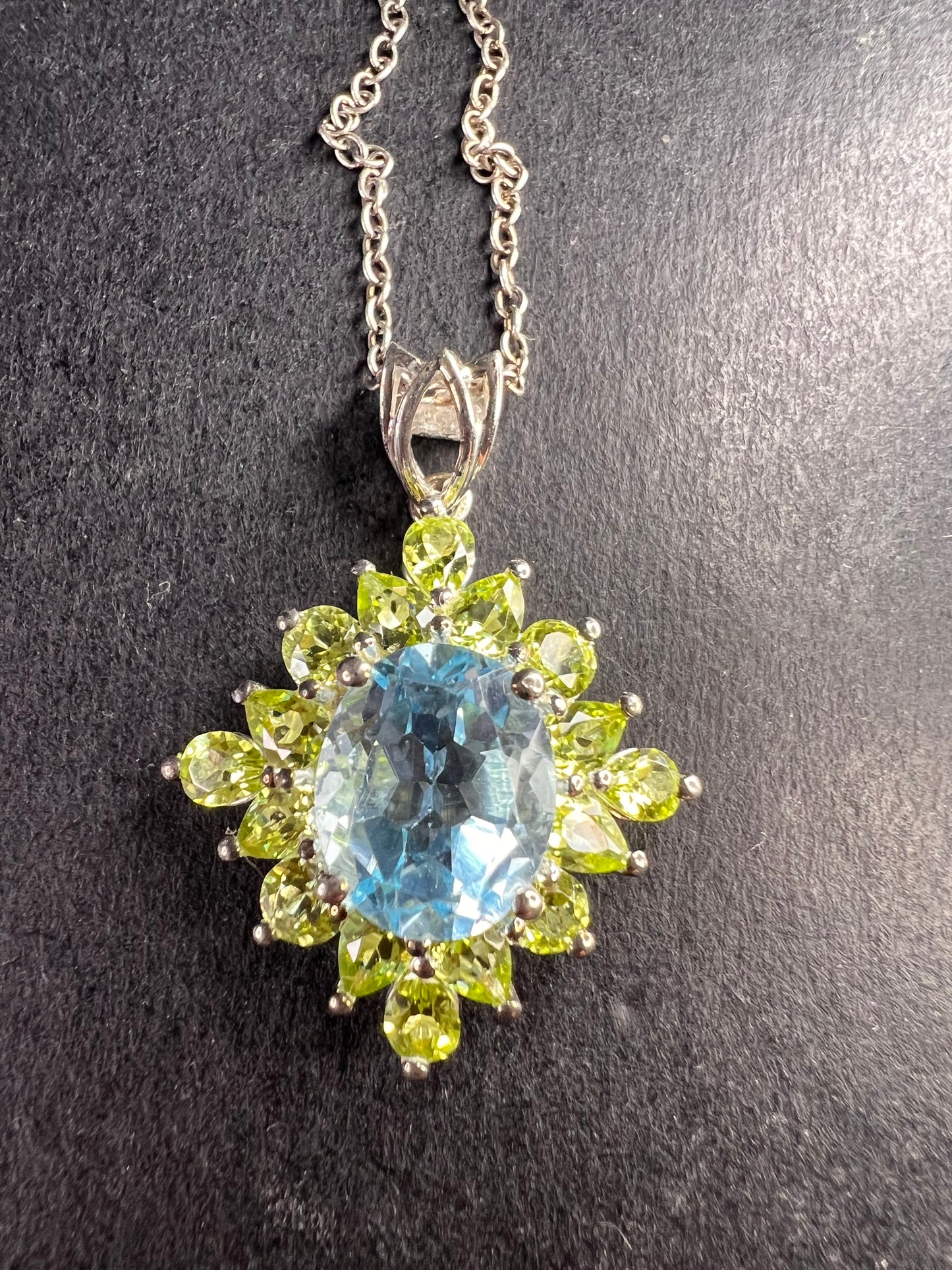 Vintage Blue Topaz & Peridot Sunburst Pendant Necklace – HT Sterling Silver