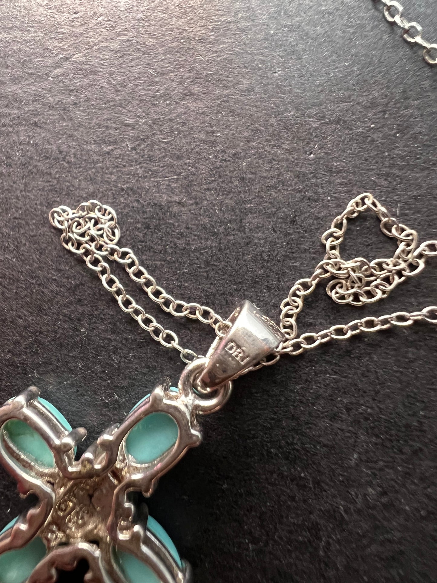 Sleeping Beauty turquoise cross pendant and chain  in rhodium over sterling silver necklace