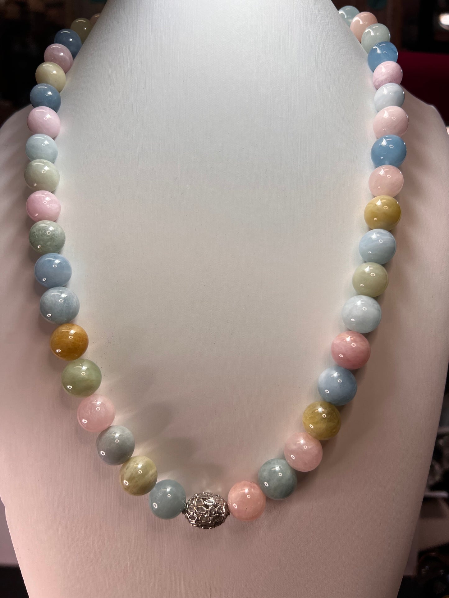 Mixed beryl morganite aquamarine graduated necklace with polki diamonds In sterling silver 22 inches