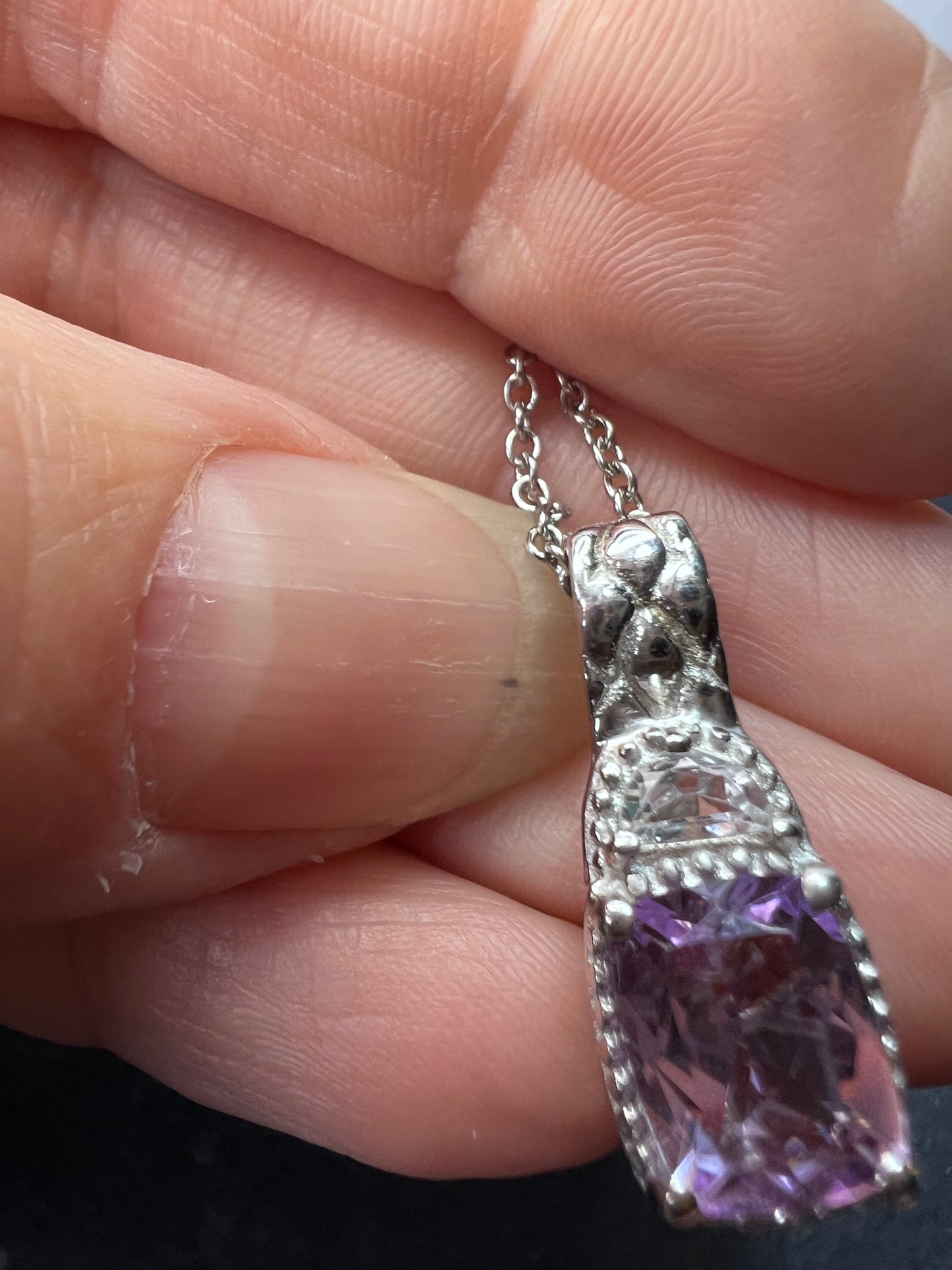 Rose de France amethyst and white topaz sterling silver pendant with stainless steel chain