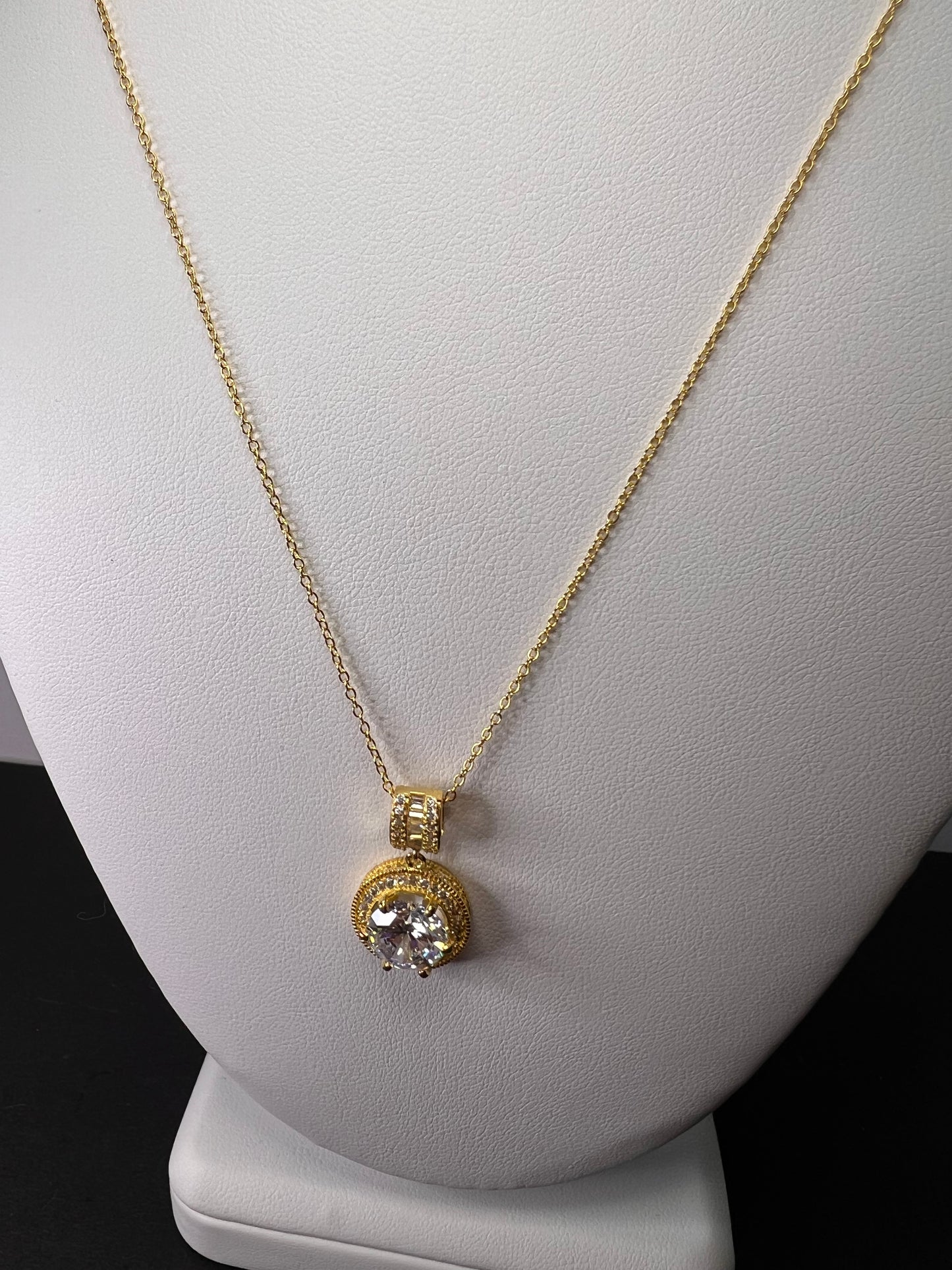 Signed FZN gold over Sterling CZ halo pendant and chain necklace