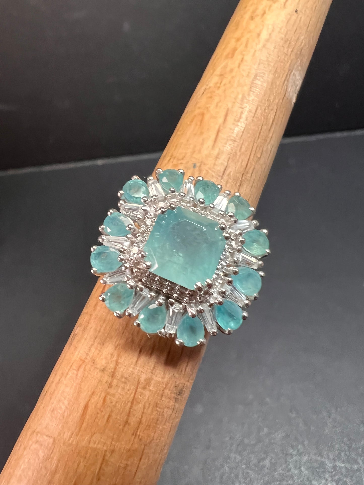 NEW grandidierite and zircon cocktail ring in rhodium over sterling silver size 7