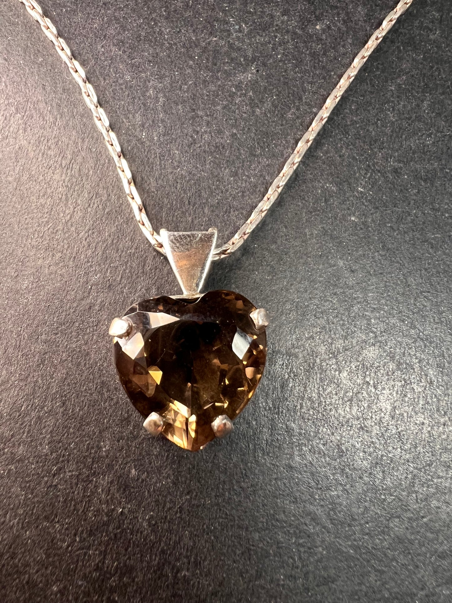 Vintage Smoky Quartz Heart Pendant Necklace Sterling Silver 20”