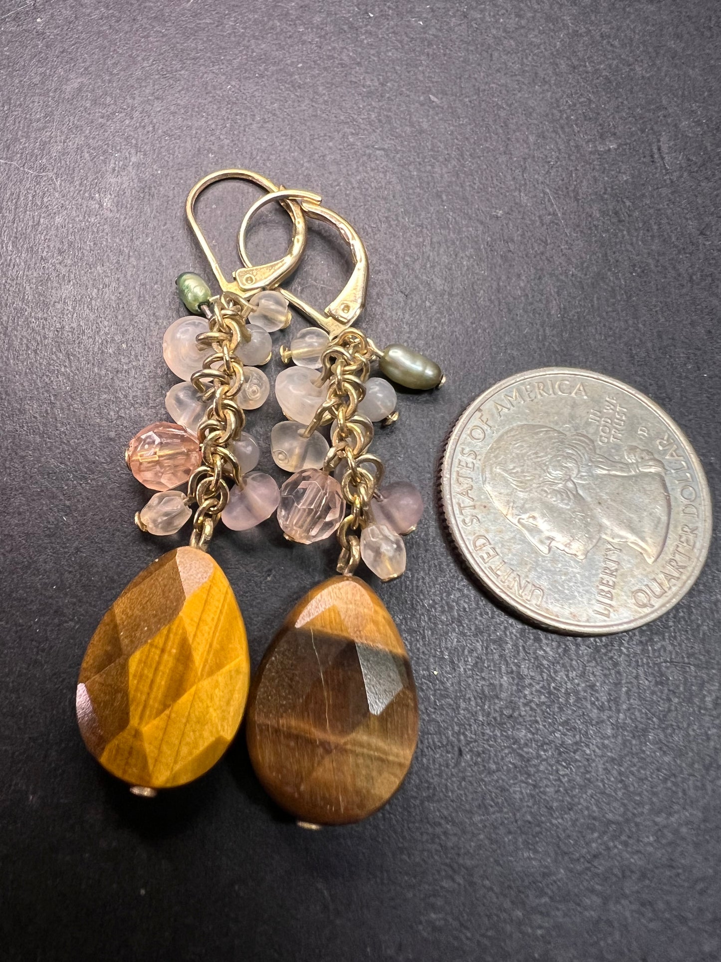 Avon tigers eye gold tone lever back chandelier earrings