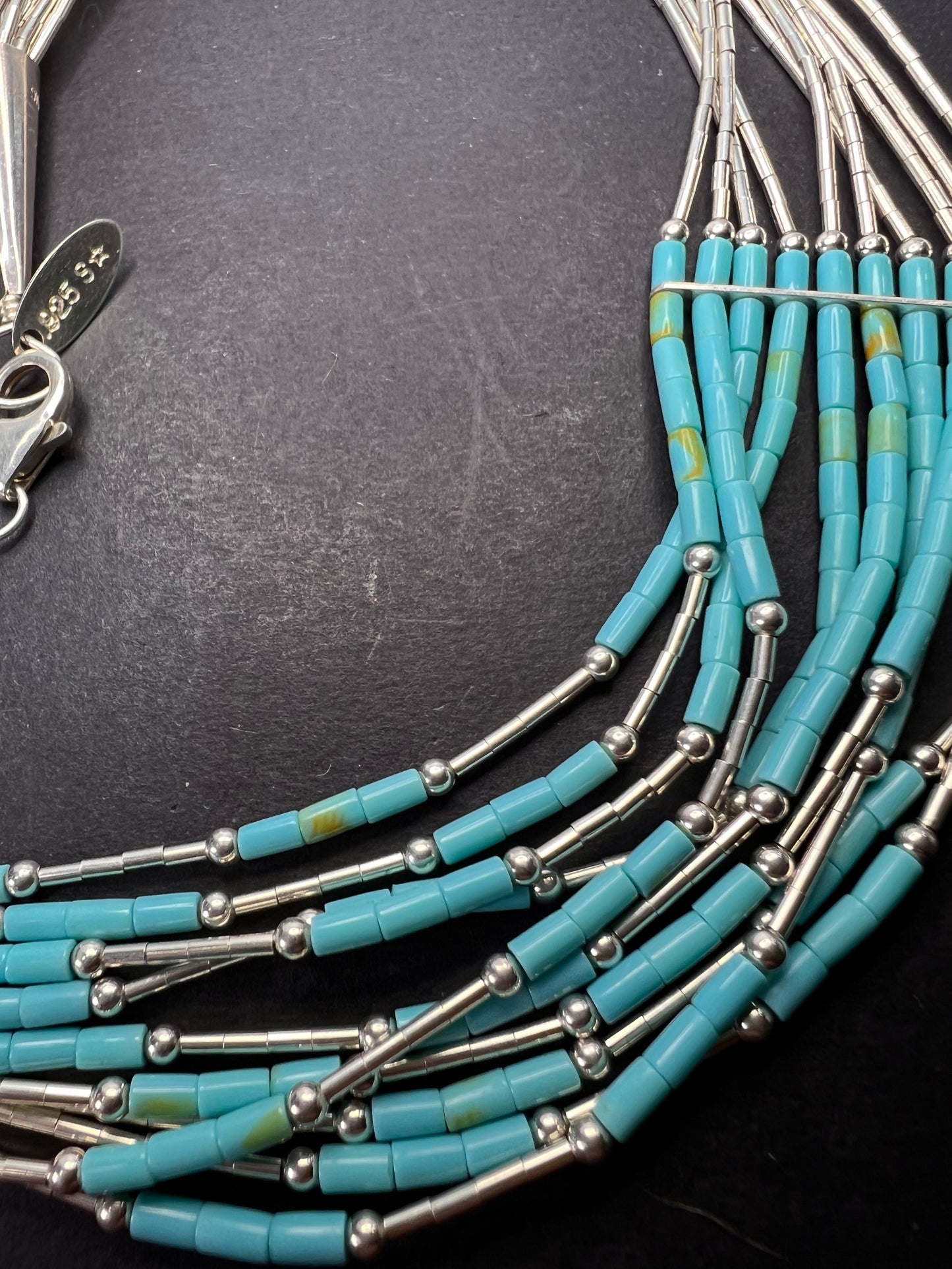 Southwest style liquid silver heishi turquoise 10 strand necklace