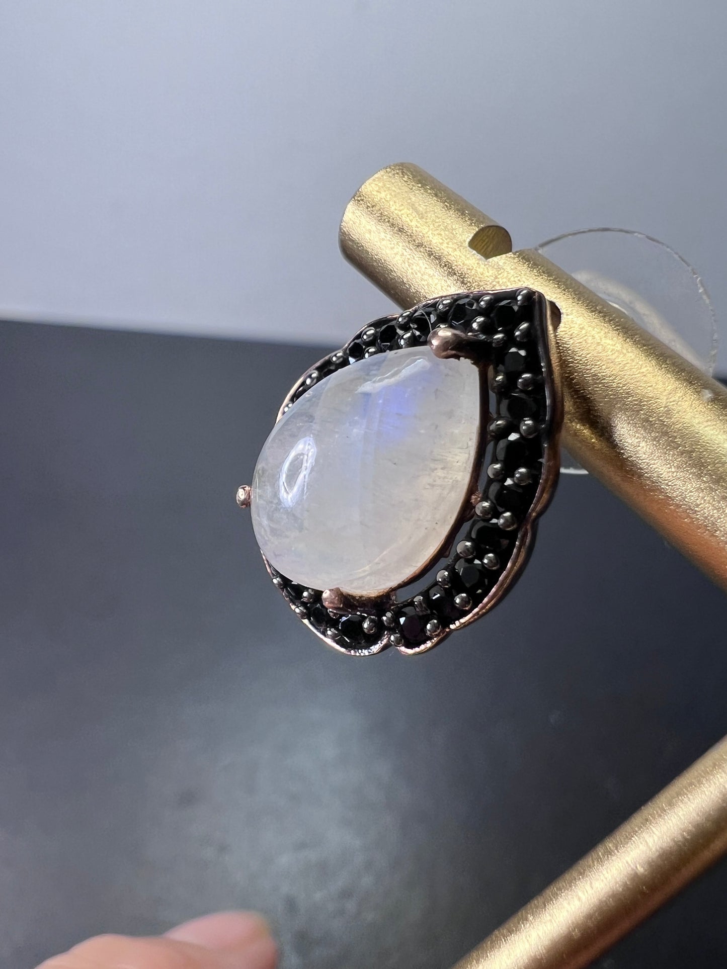 Rainbow moonstone and black spinel tear drop stud halo earrings in rose gold over sterling silver