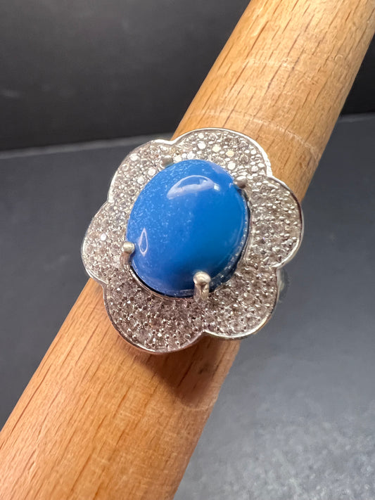 NEW Ceruleite and zircon blossom ring in rhodium over sterling silver size 8