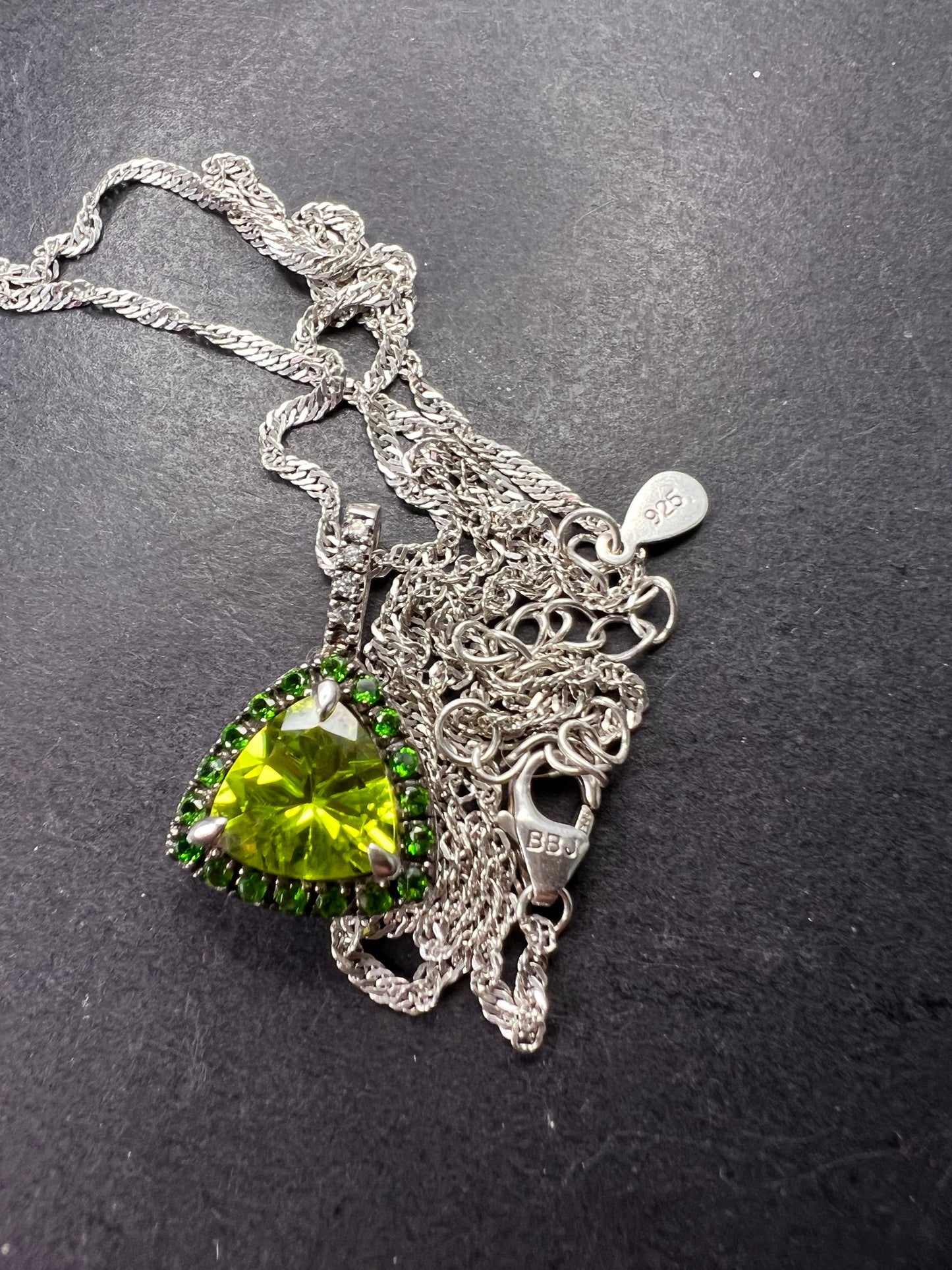 Trillium cut peridot and chrome diopside halo pendant and chain sterling silver necklace