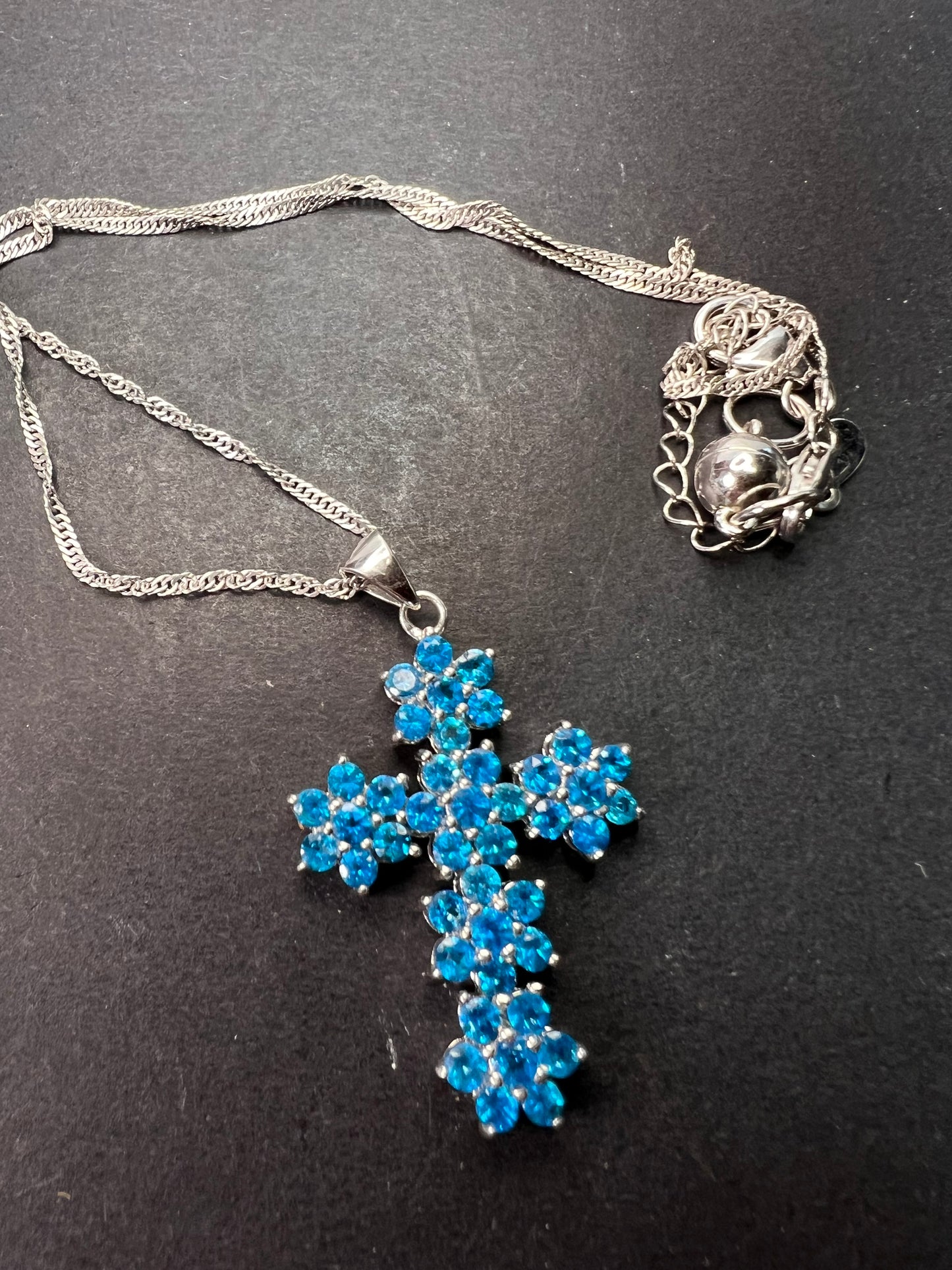 Blue Apatite Rhodium Over Sterling Silver Cross Pendant With Chain 3.25ctw