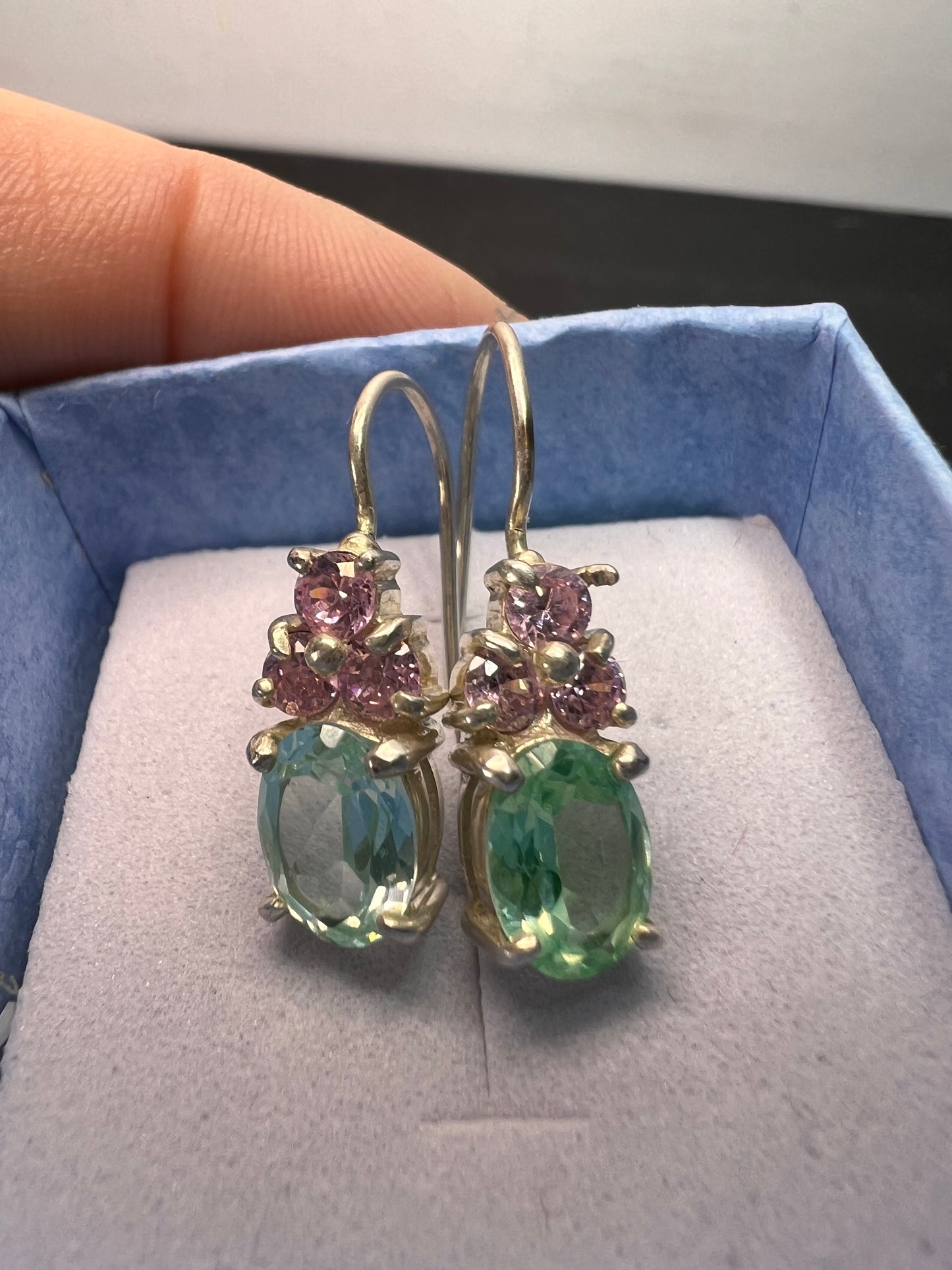 Aqua spinel and pink CZ sterling silver earrings by HAN