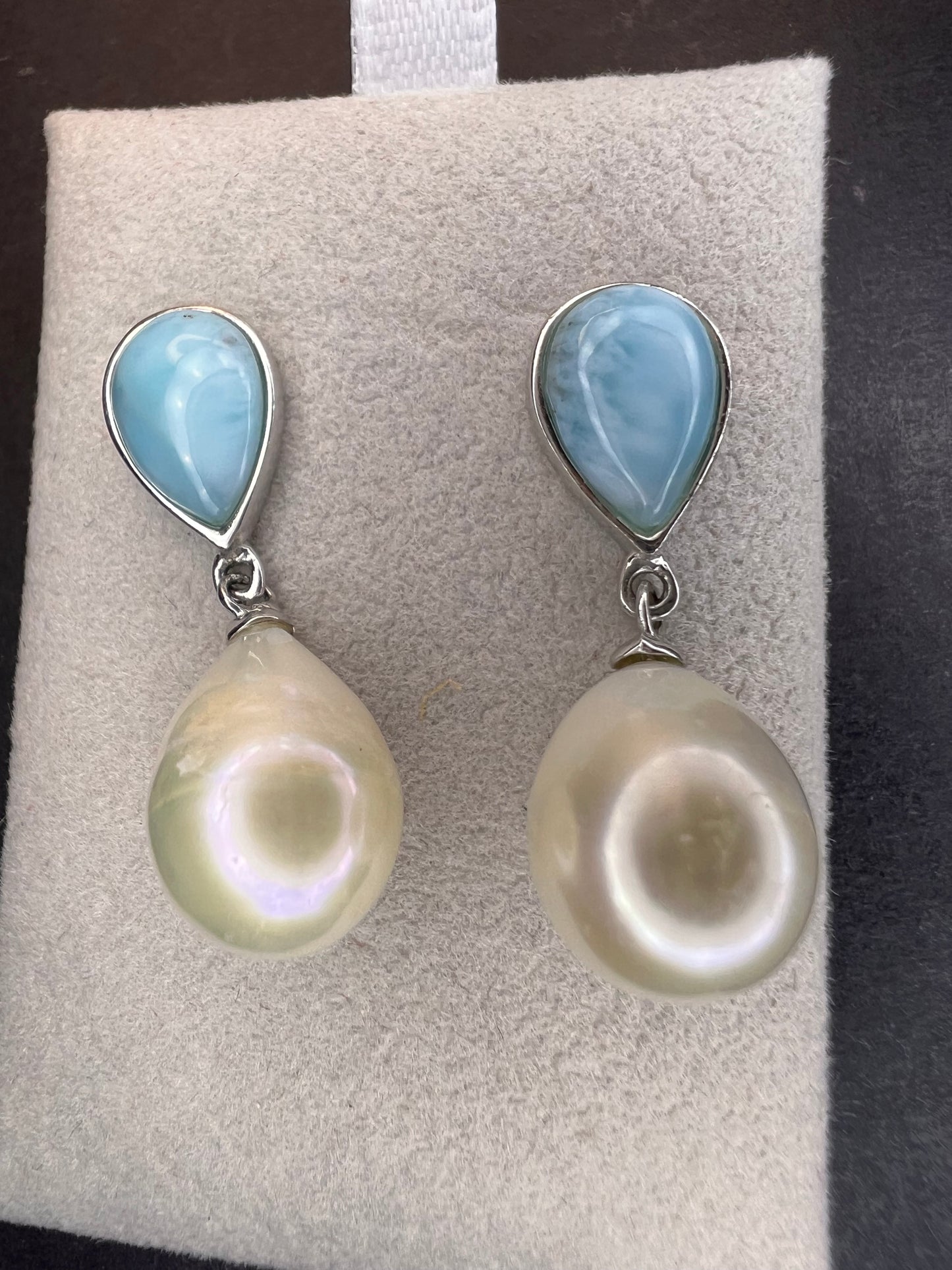 Larimar and pearl sterling silver teardrop earrings