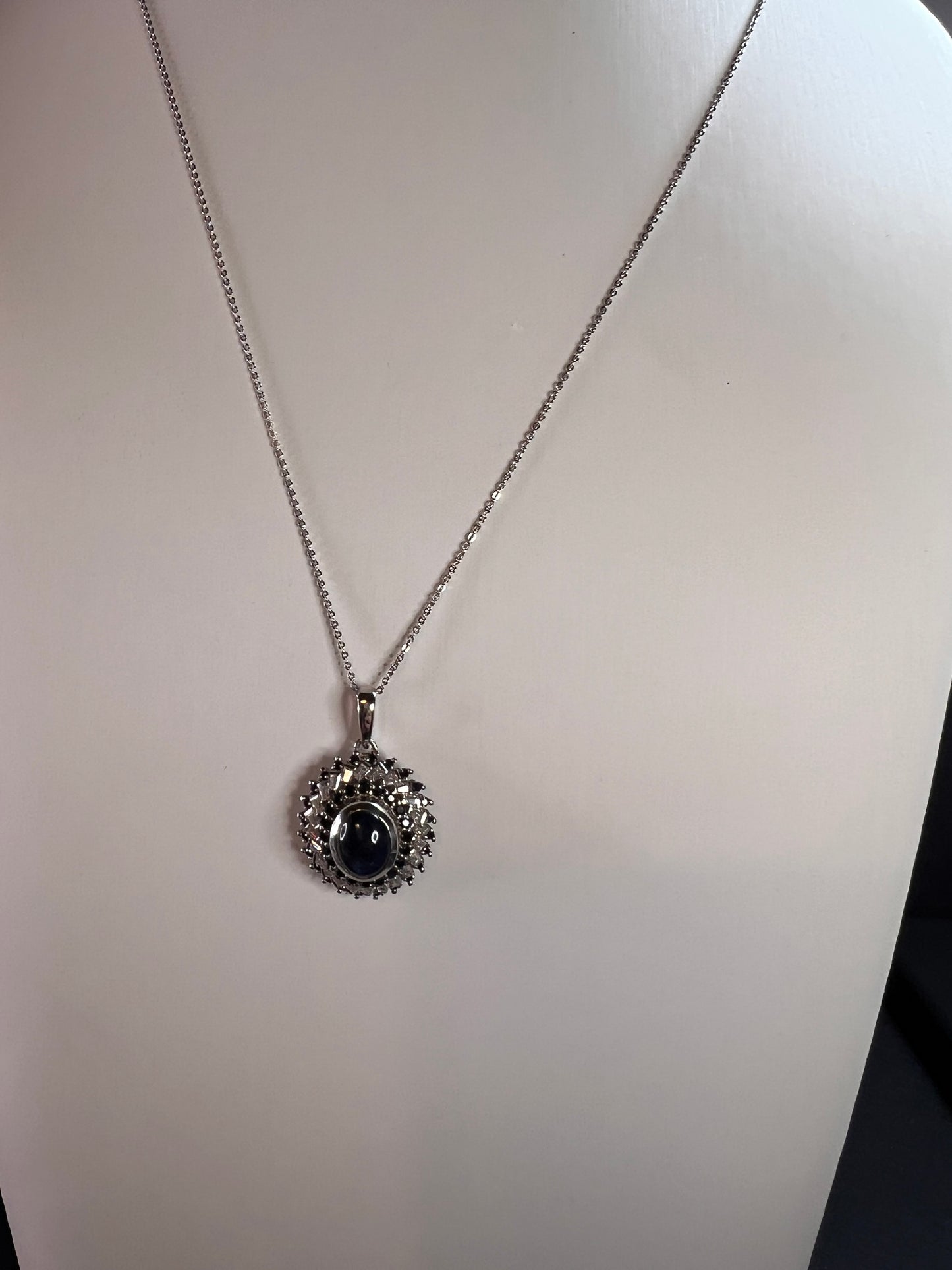 NEW Blue star sapphire and moissanite sterling silver halo pendant necklace