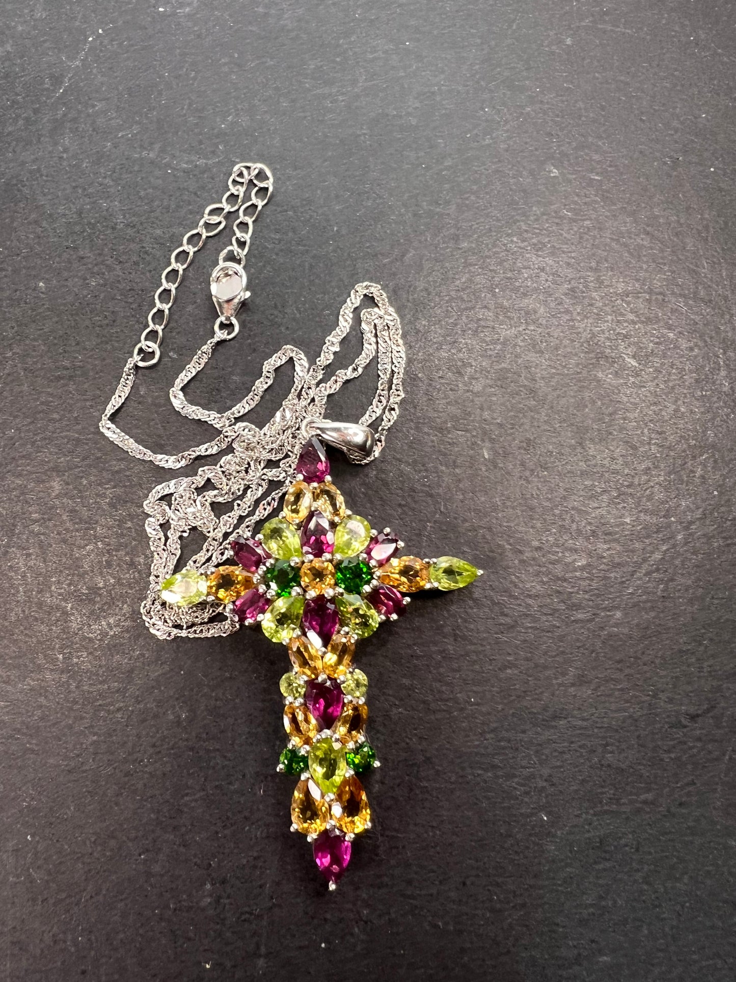 Multi-Gem Rhodium Over Sterling Silver Cross Pendant with Chain 10.01ctw