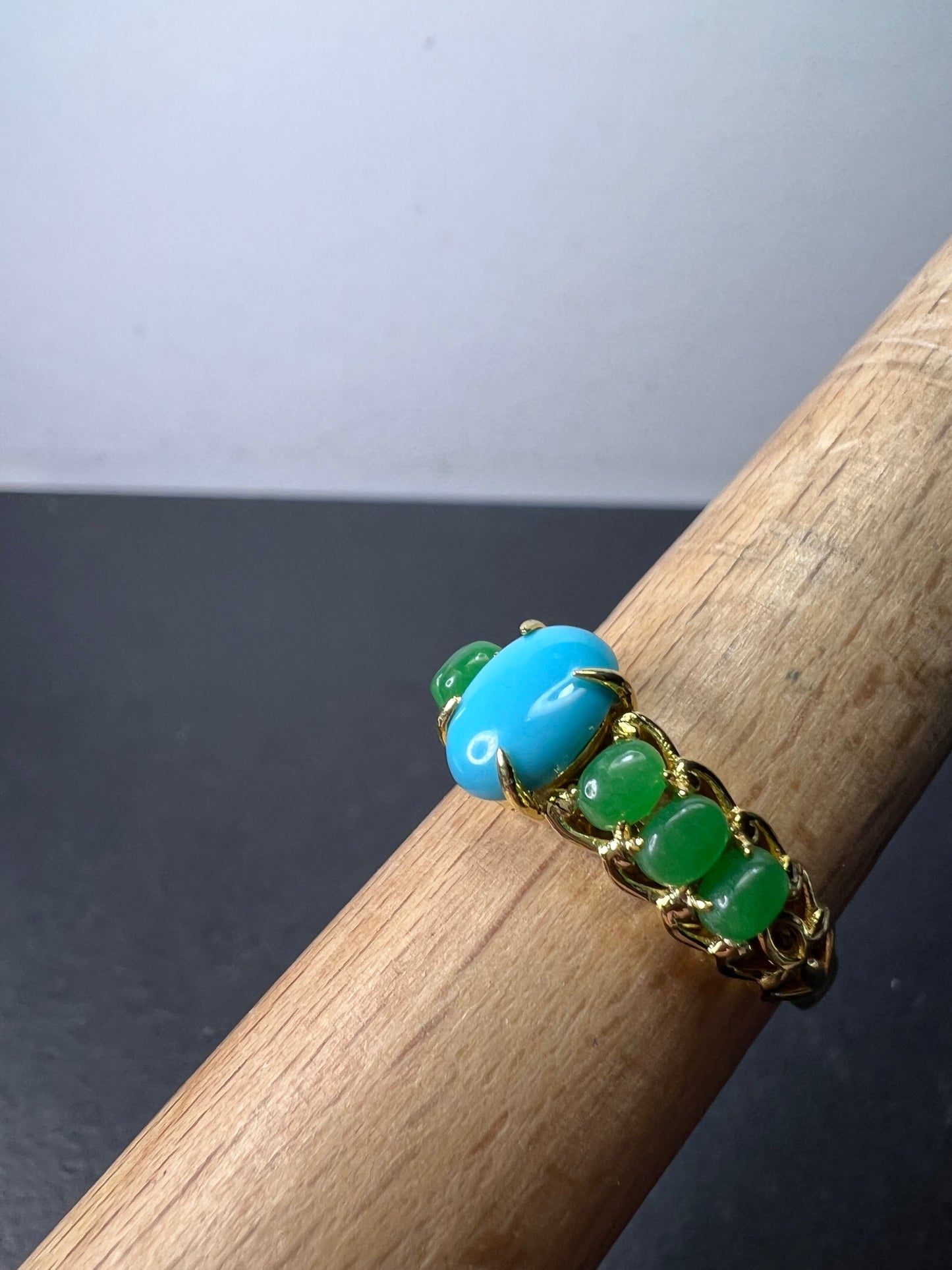 Sleeping Beauty turquoise and green jade 14k gold over silver ring size 9