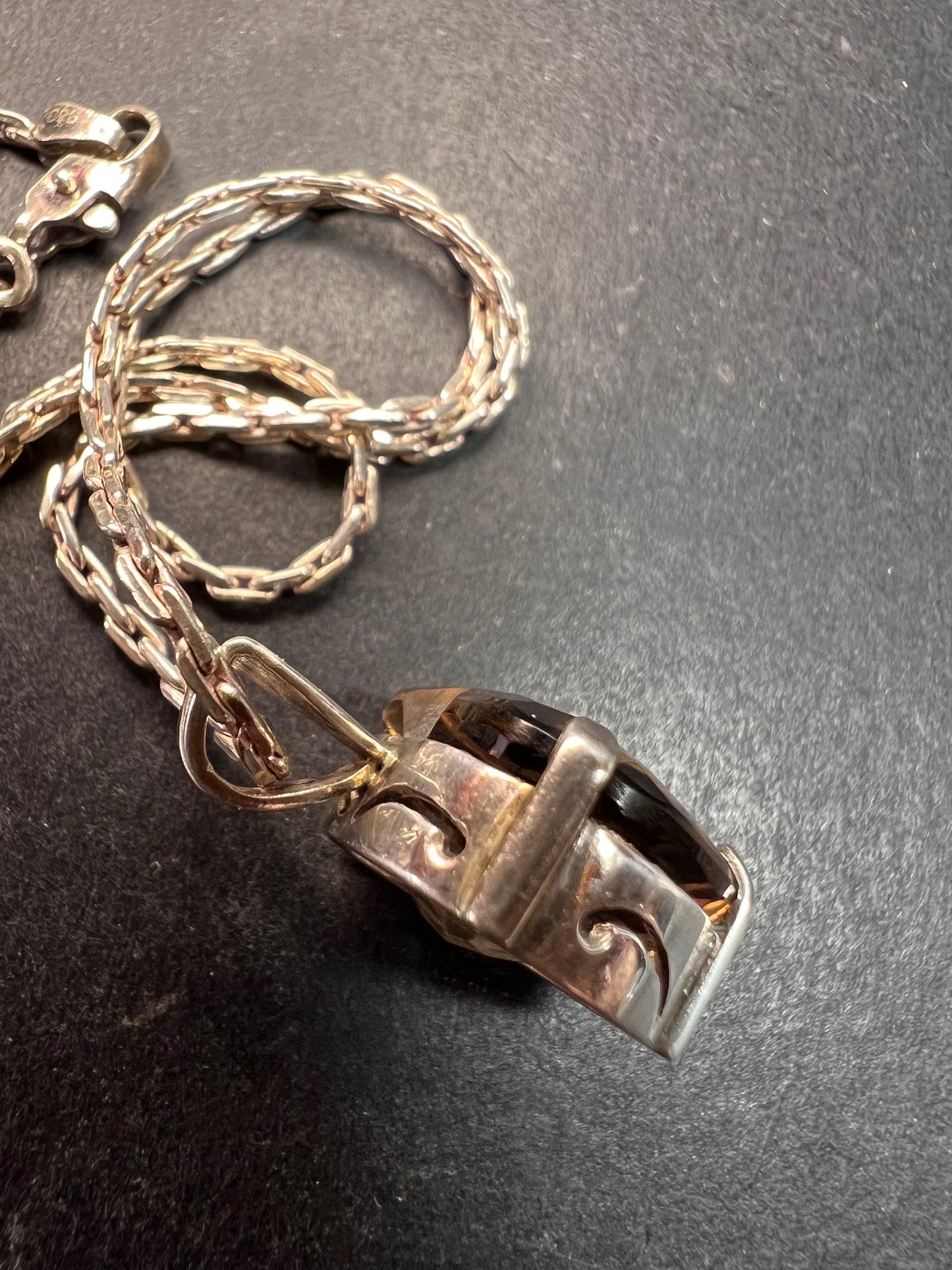 Vintage Smoky Quartz Heart Pendant Necklace Sterling Silver 20”