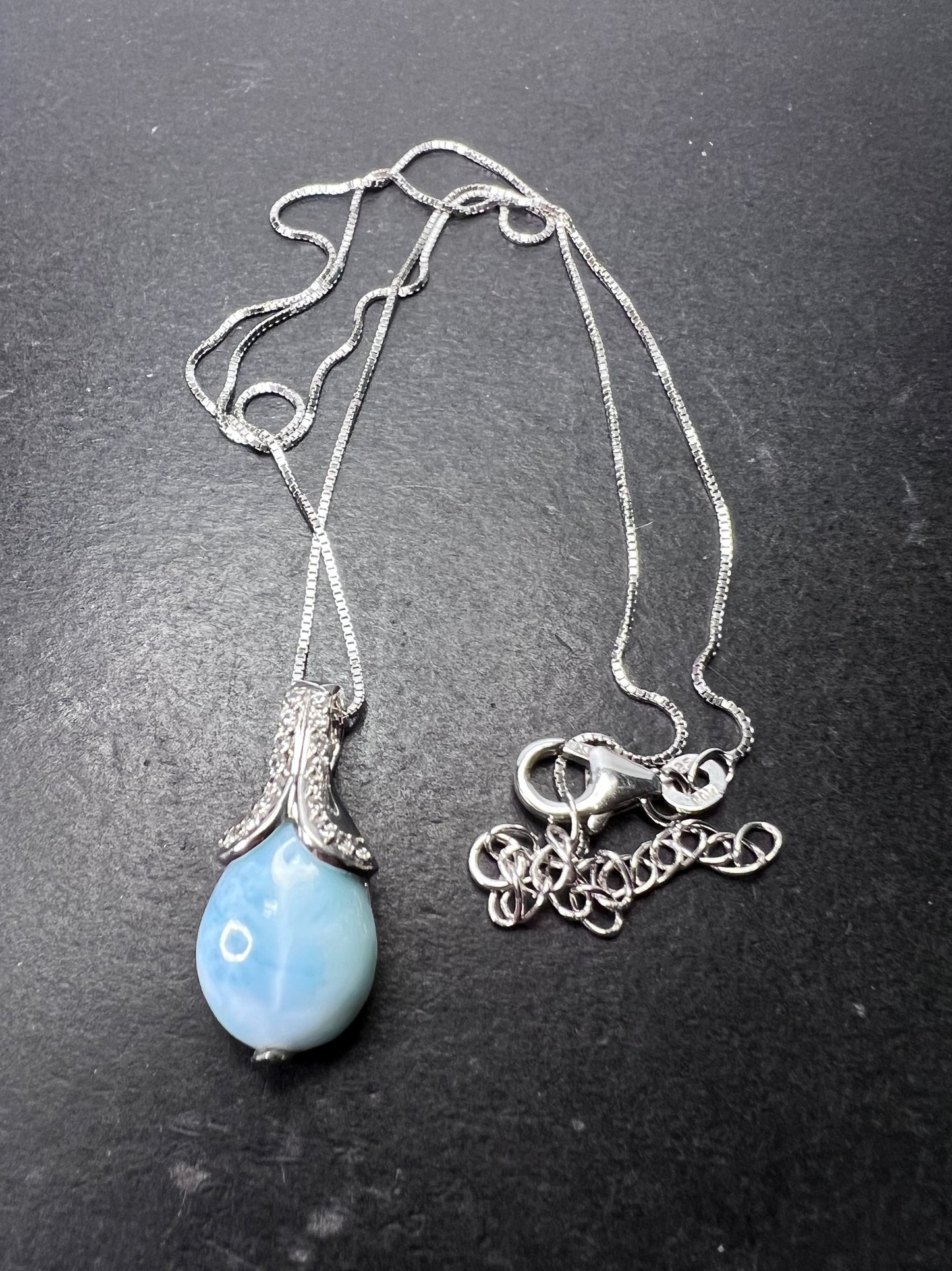 Larimar tear drop sterling silver pendant with 18 inch chain necklace