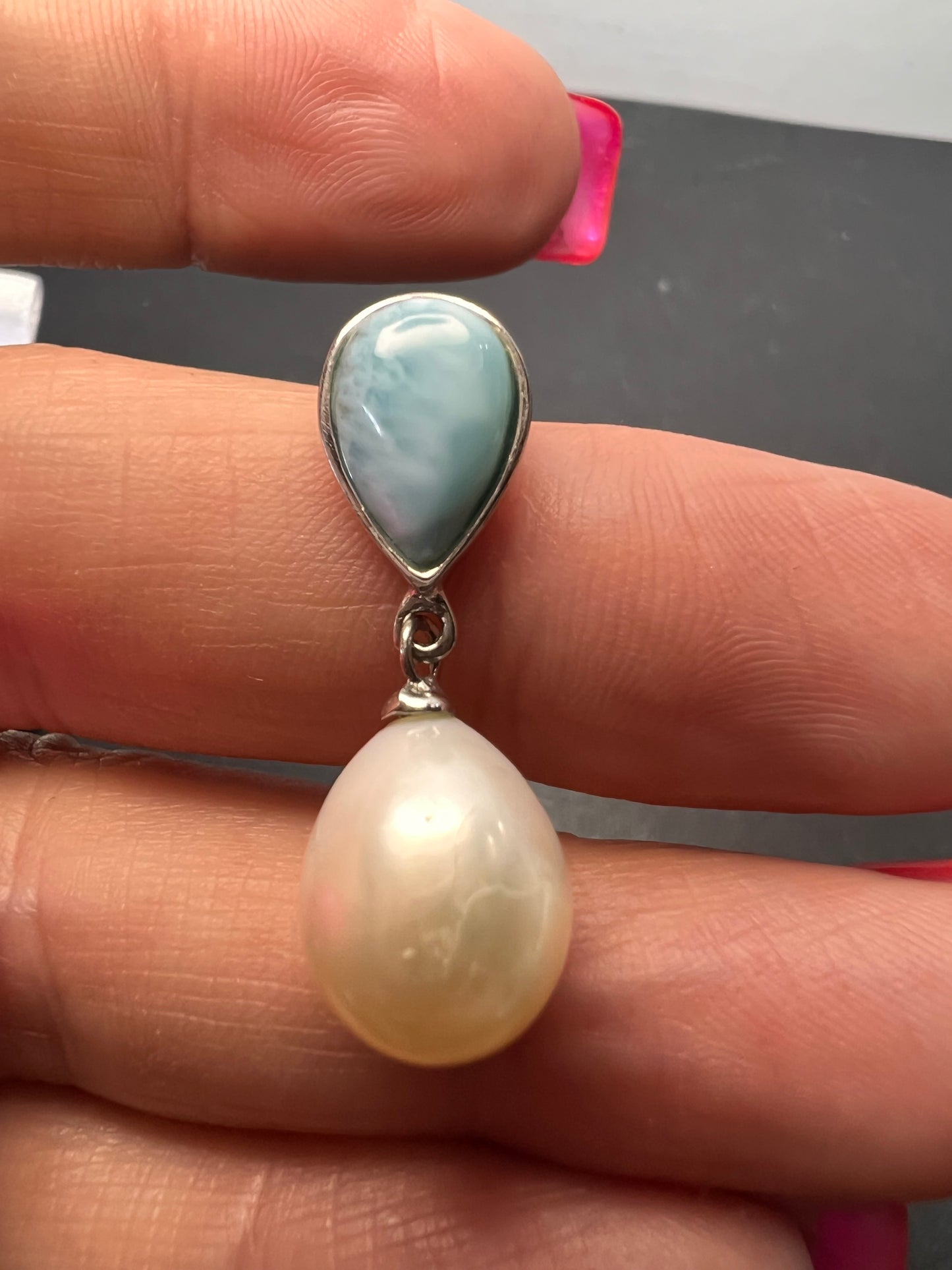 Larimar and pearl sterling silver teardrop earrings