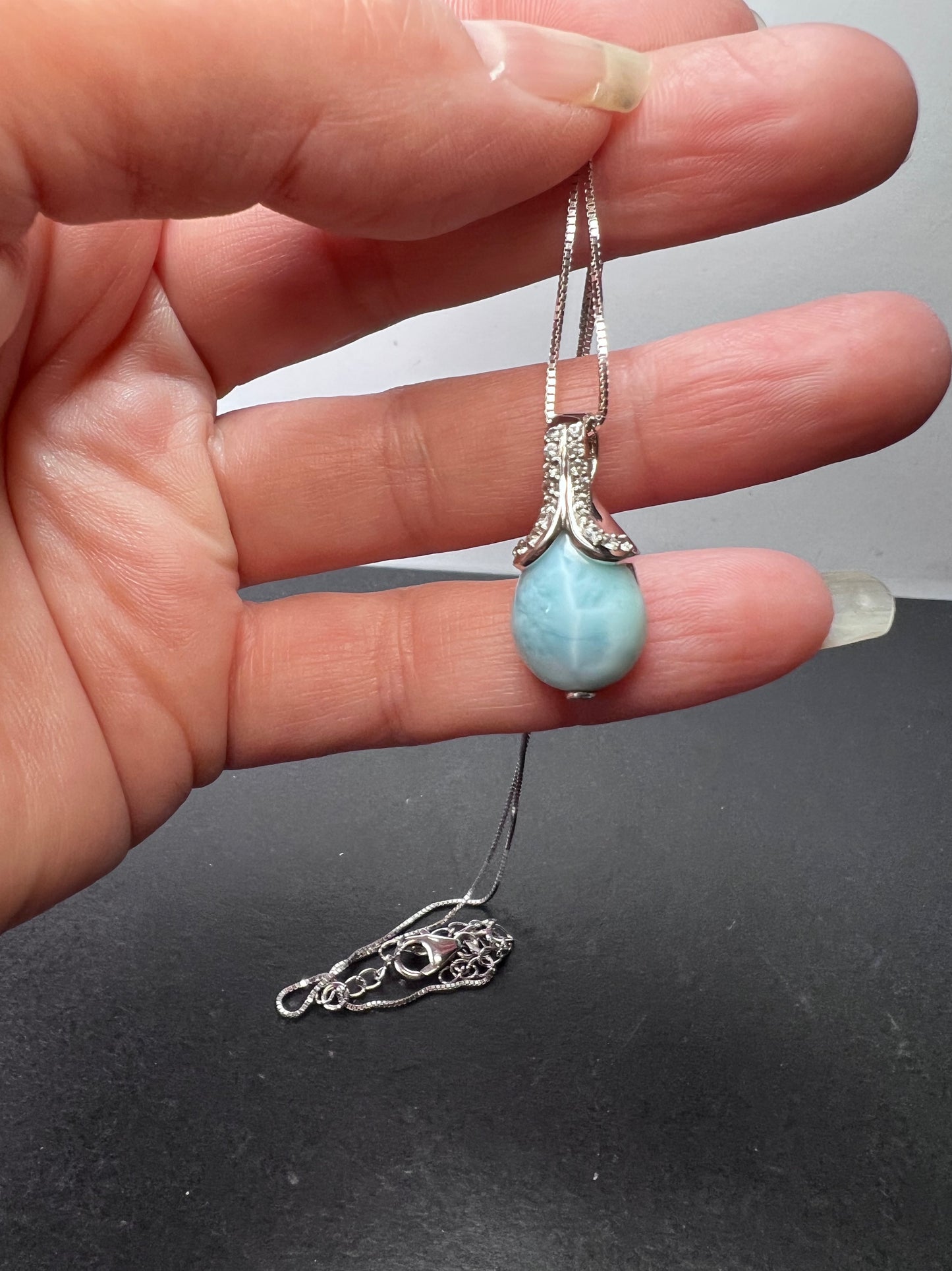 Larimar tear drop sterling silver pendant with 18 inch chain necklace