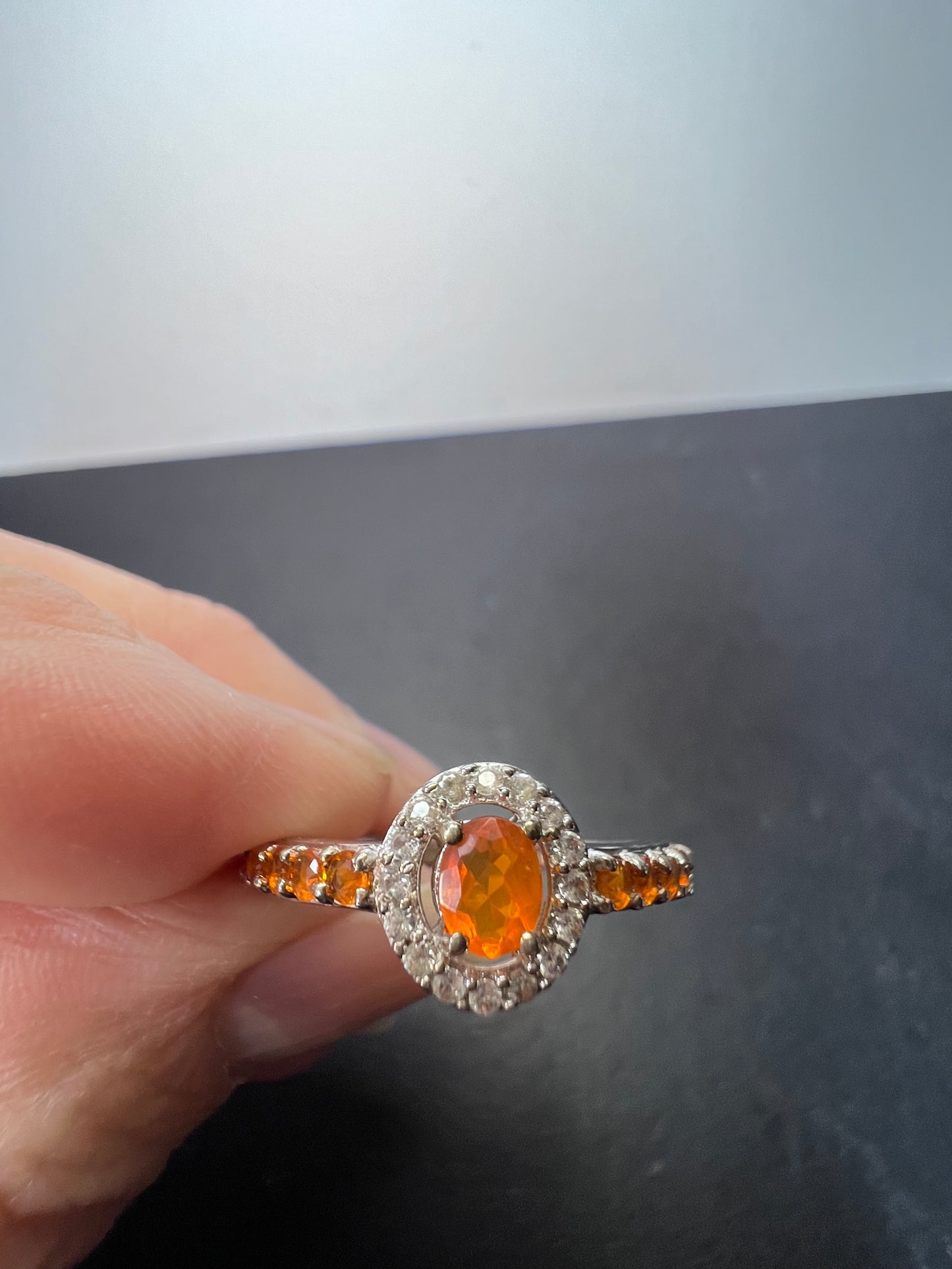 Mexican fire opal halo ring in sterling silver size 9