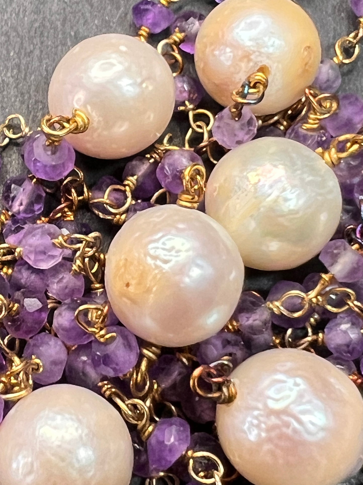 Amethyst and pearl 30 inch station necklace in sterling silver
