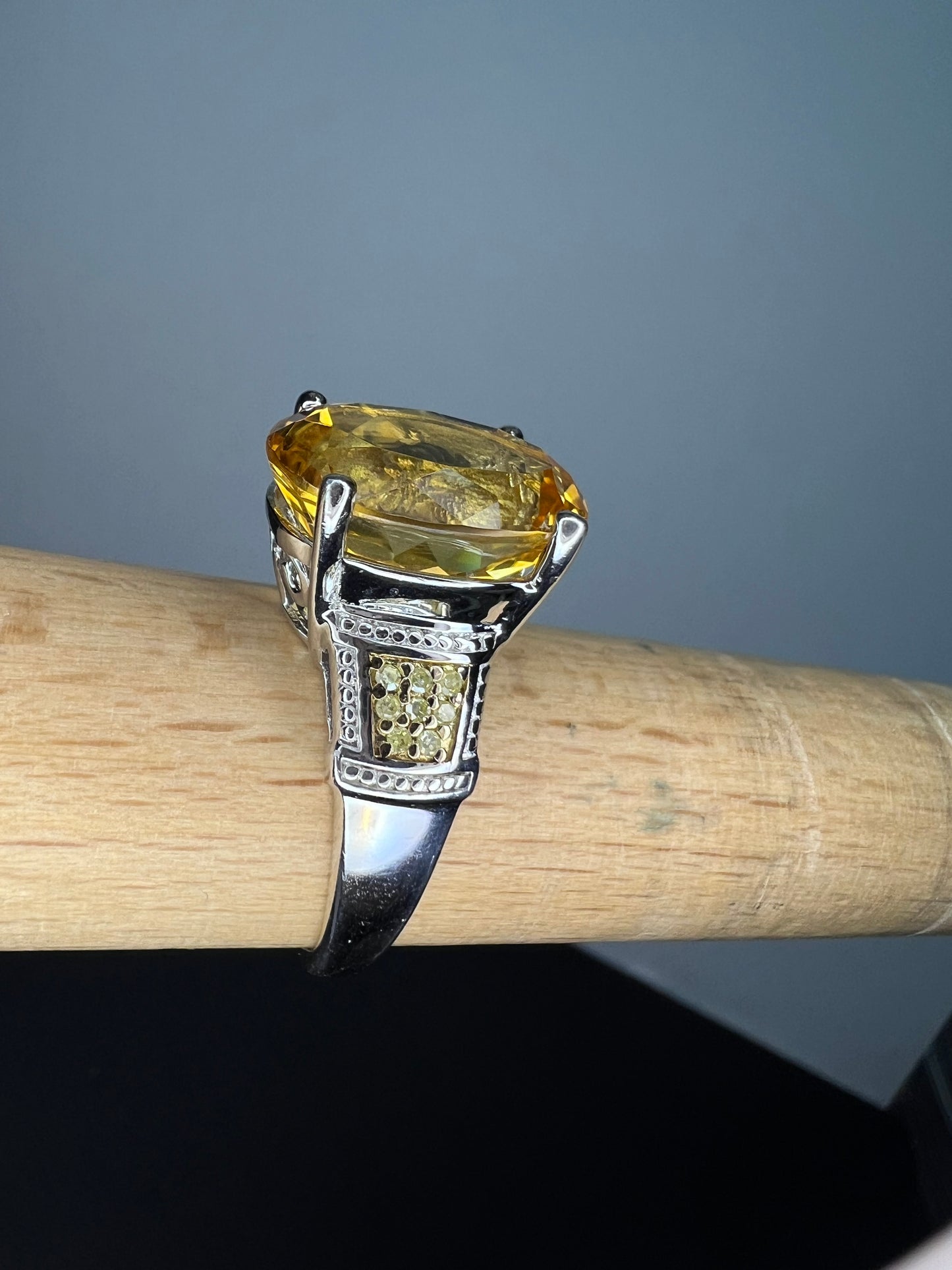 Citrine and yellow diamond ring in sterling silver size 10. 7.55 ctw