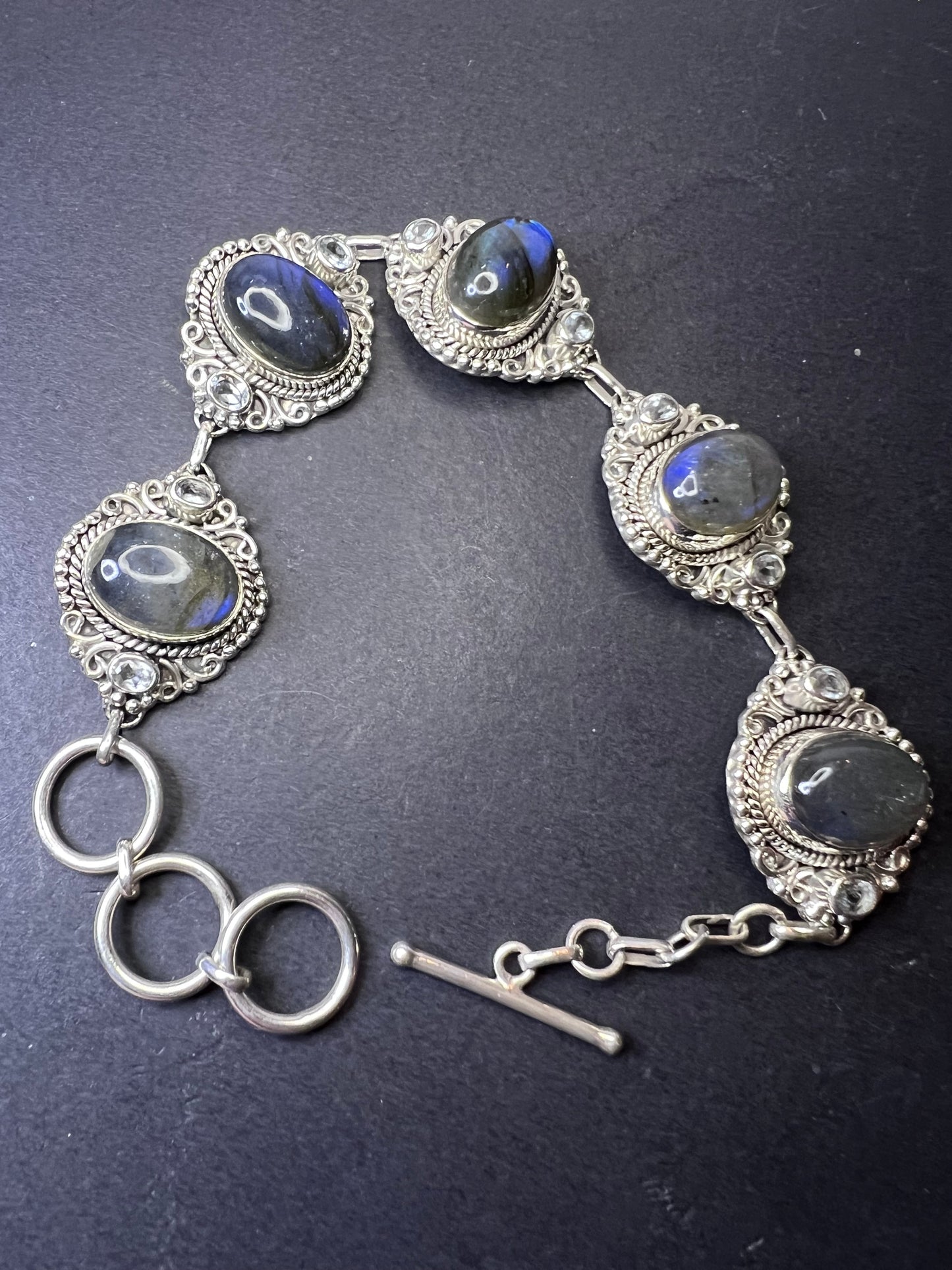 Labradorite and blue topaz sterling silver bracelet