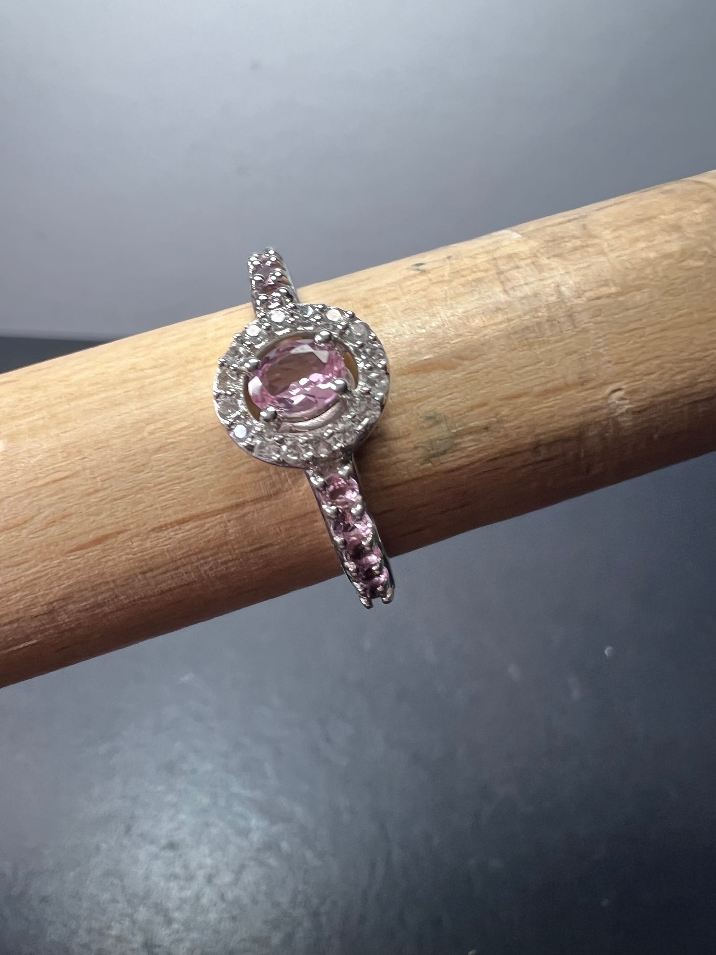 Pink tourmaline and white zircon sterling silver halo ring size 9