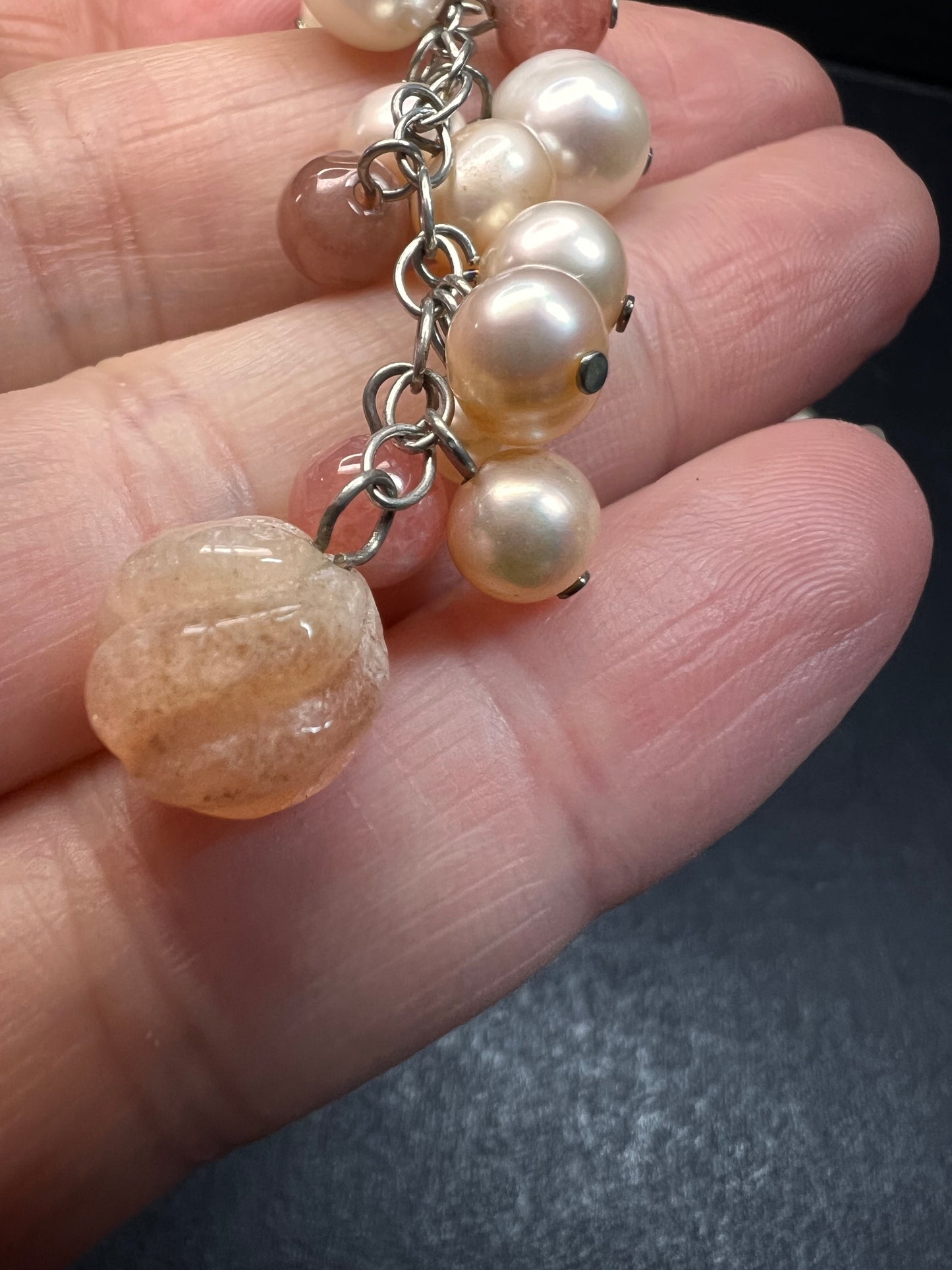 NEW freshwater pearl, rhodochrosite and morganite necklace with sterling silver clasp