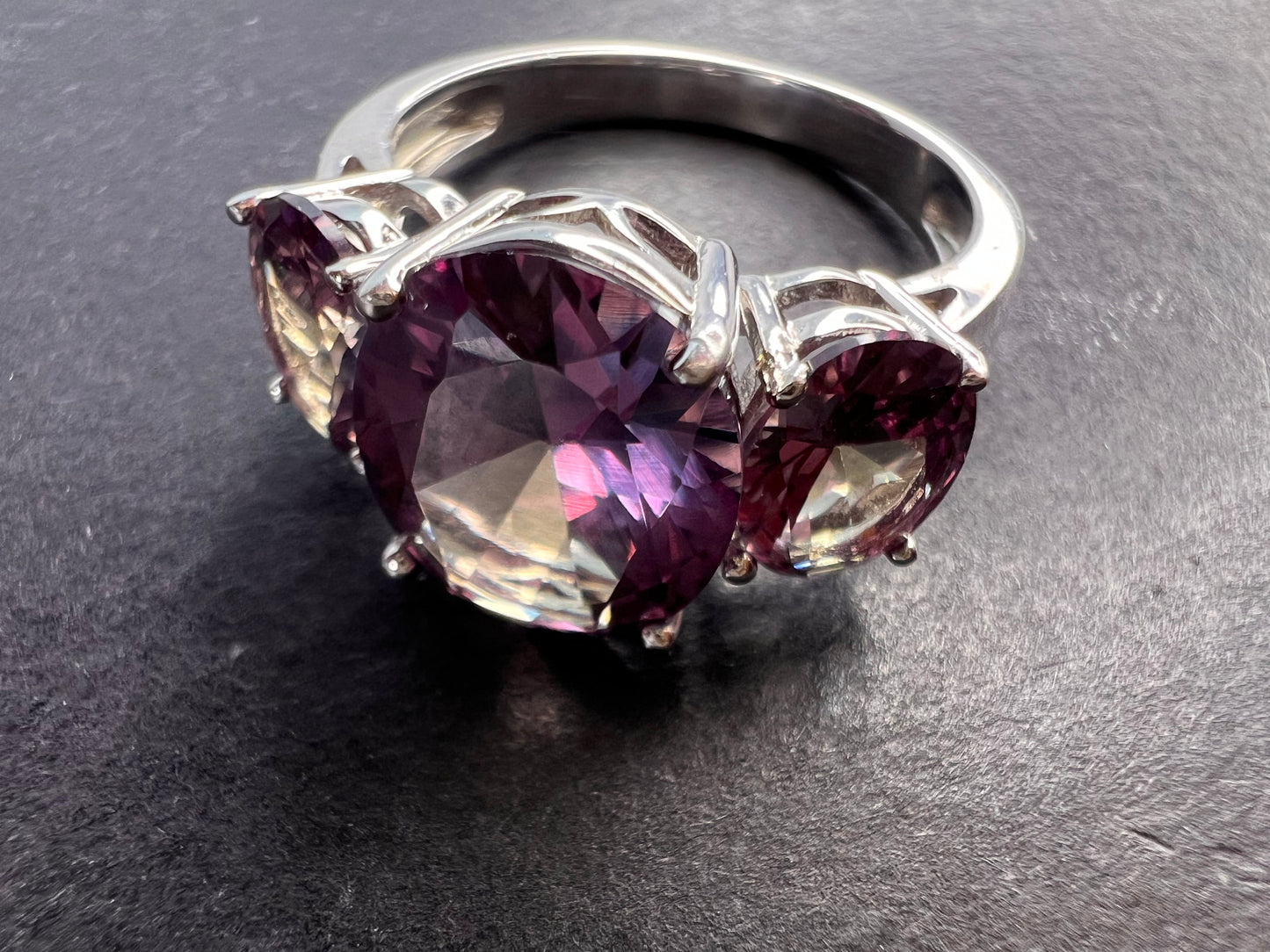 Lab created alexandrite trilogy ring in rhodium over sterling silver size 9