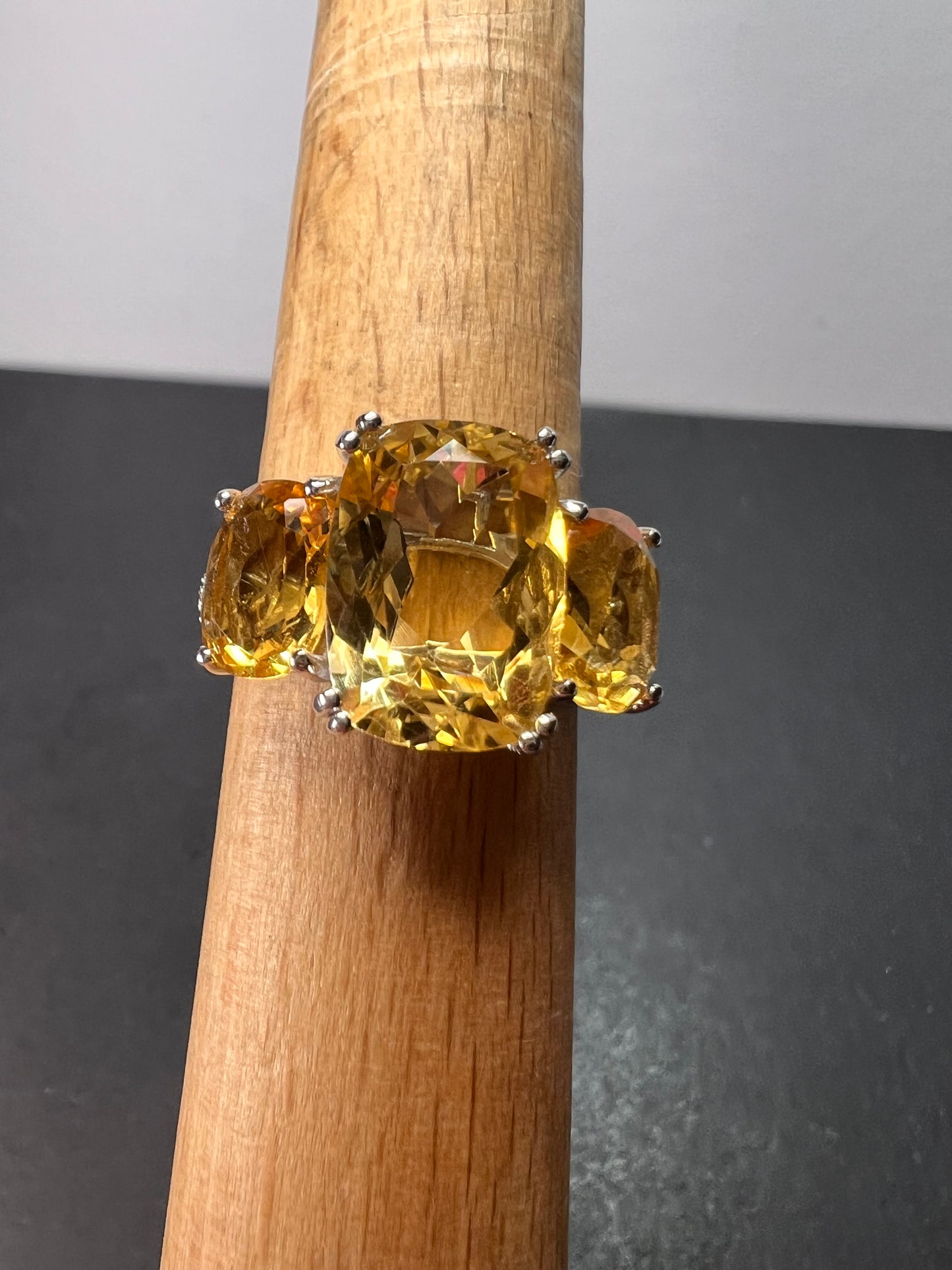 Brand new Brazilian citrine and white zircon 10.20 trilogy ring in platinum over sterling silver size 9