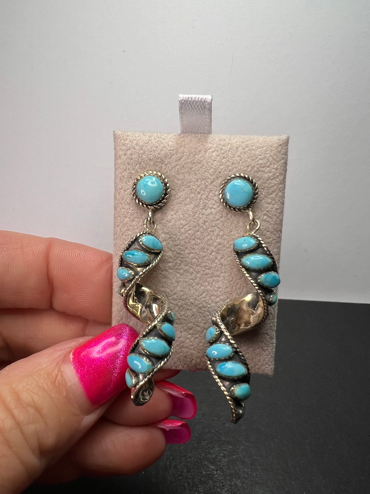 Santa Fe style Kingman turquoise swirl twisted drop sterling silver earrings