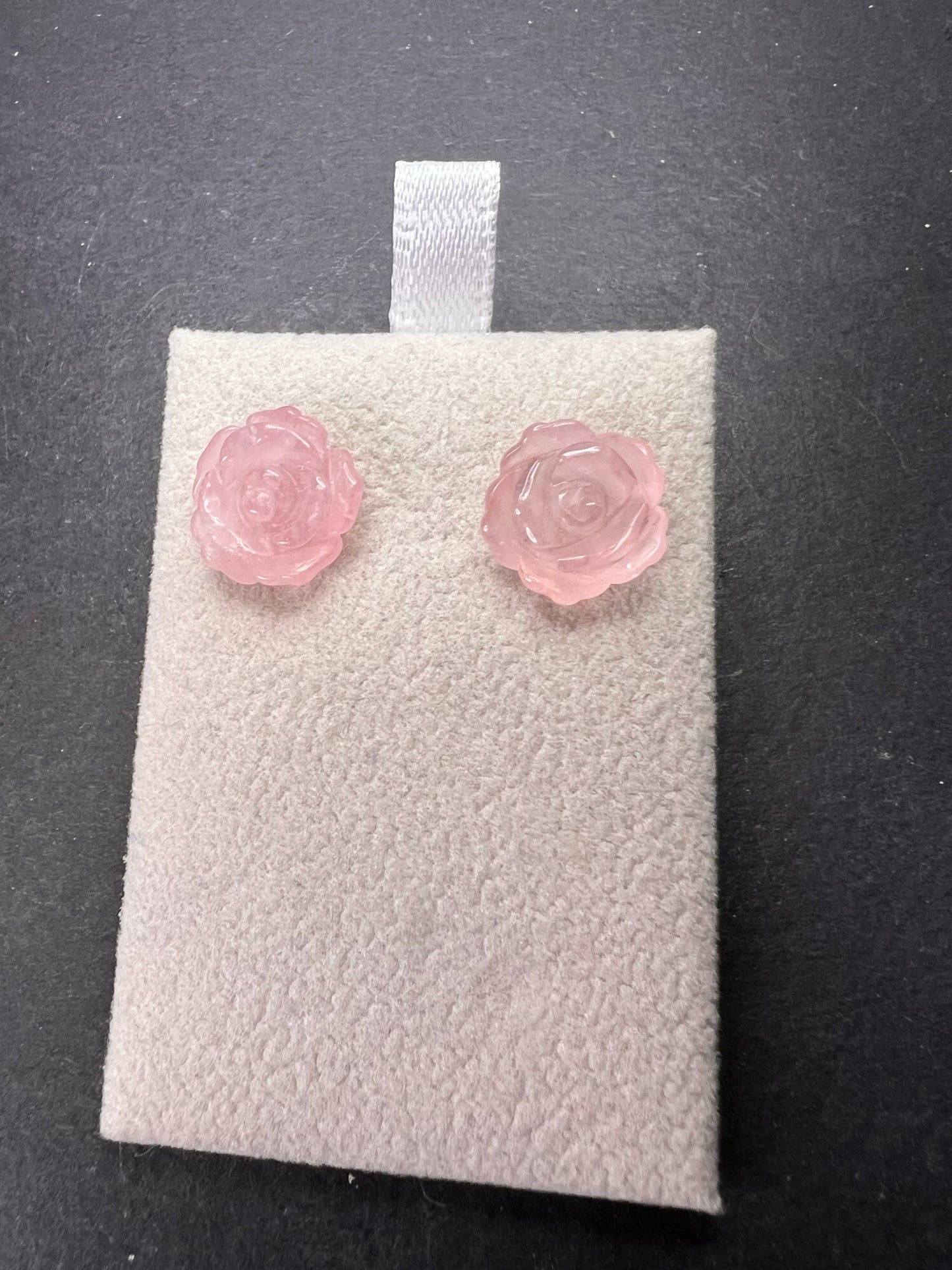 Rose quartz carved roses stud earrings with sterling silver posts