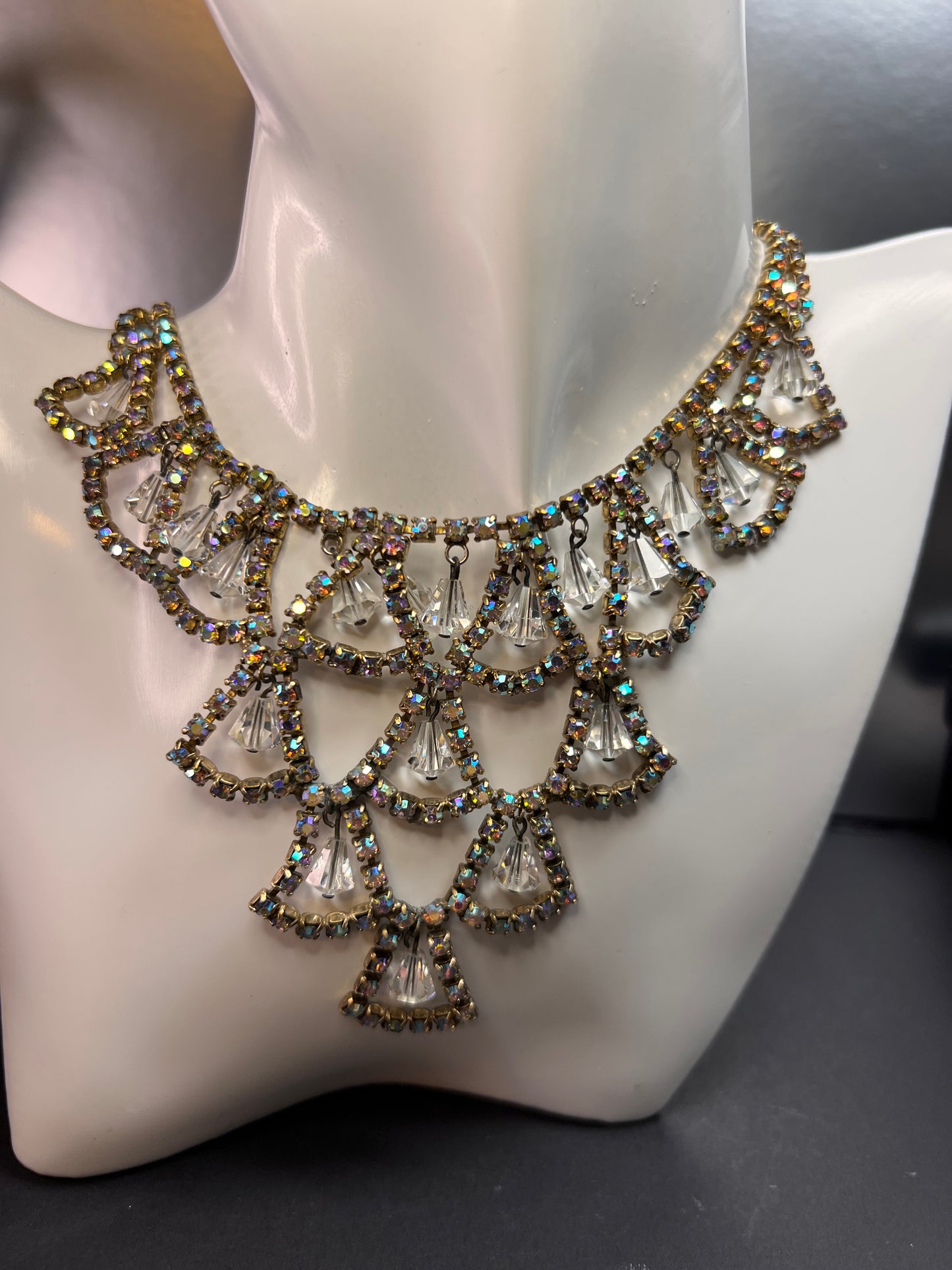 Vintage AB Rhinestone Bib Necklace Clear Glass Dangles Gold Tone