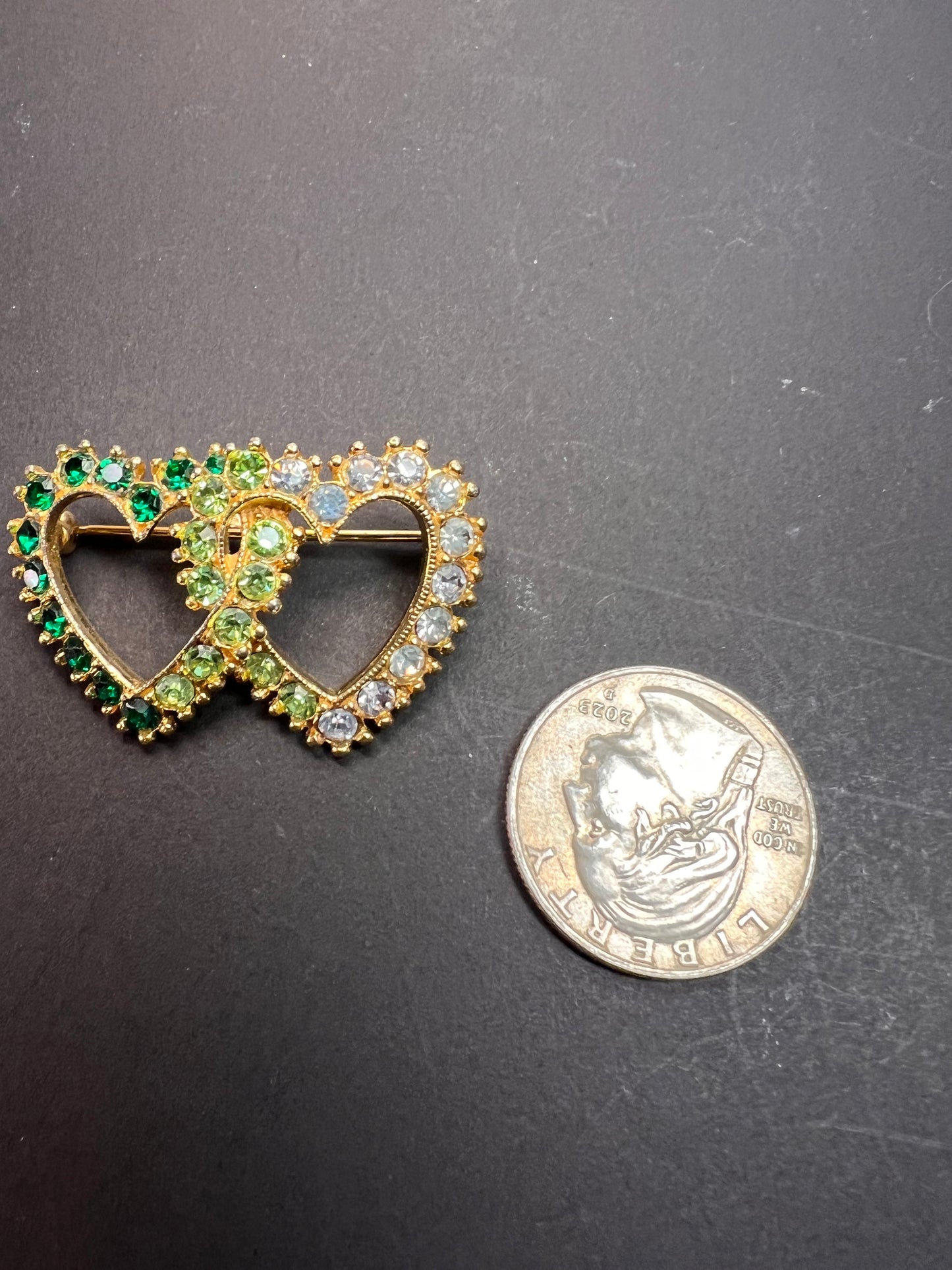 Vintage Gold Tone Double Heart Green Clear Rhinestone Brooch