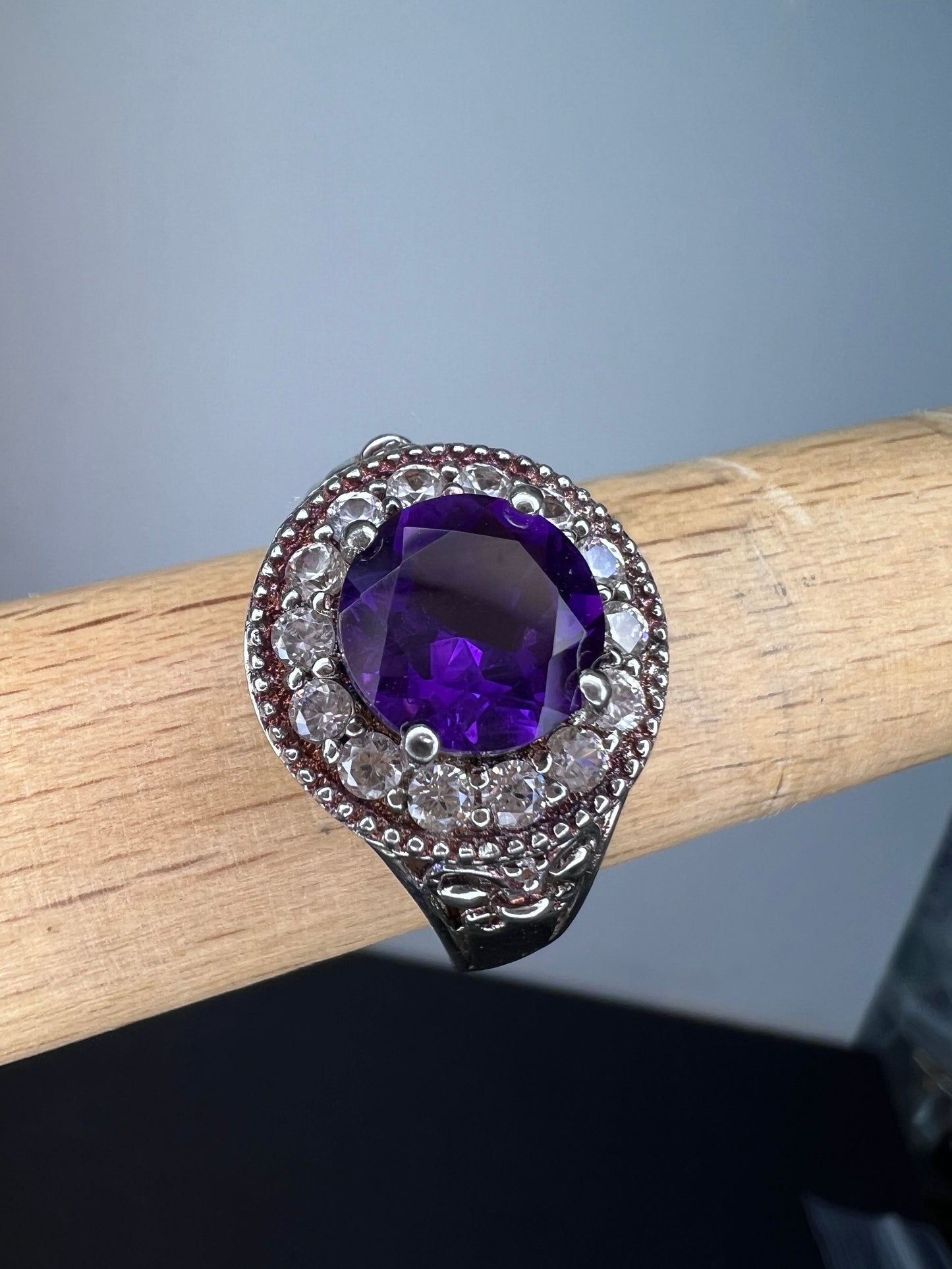 Amethyst and white spinel sterling silver halo ring size 9