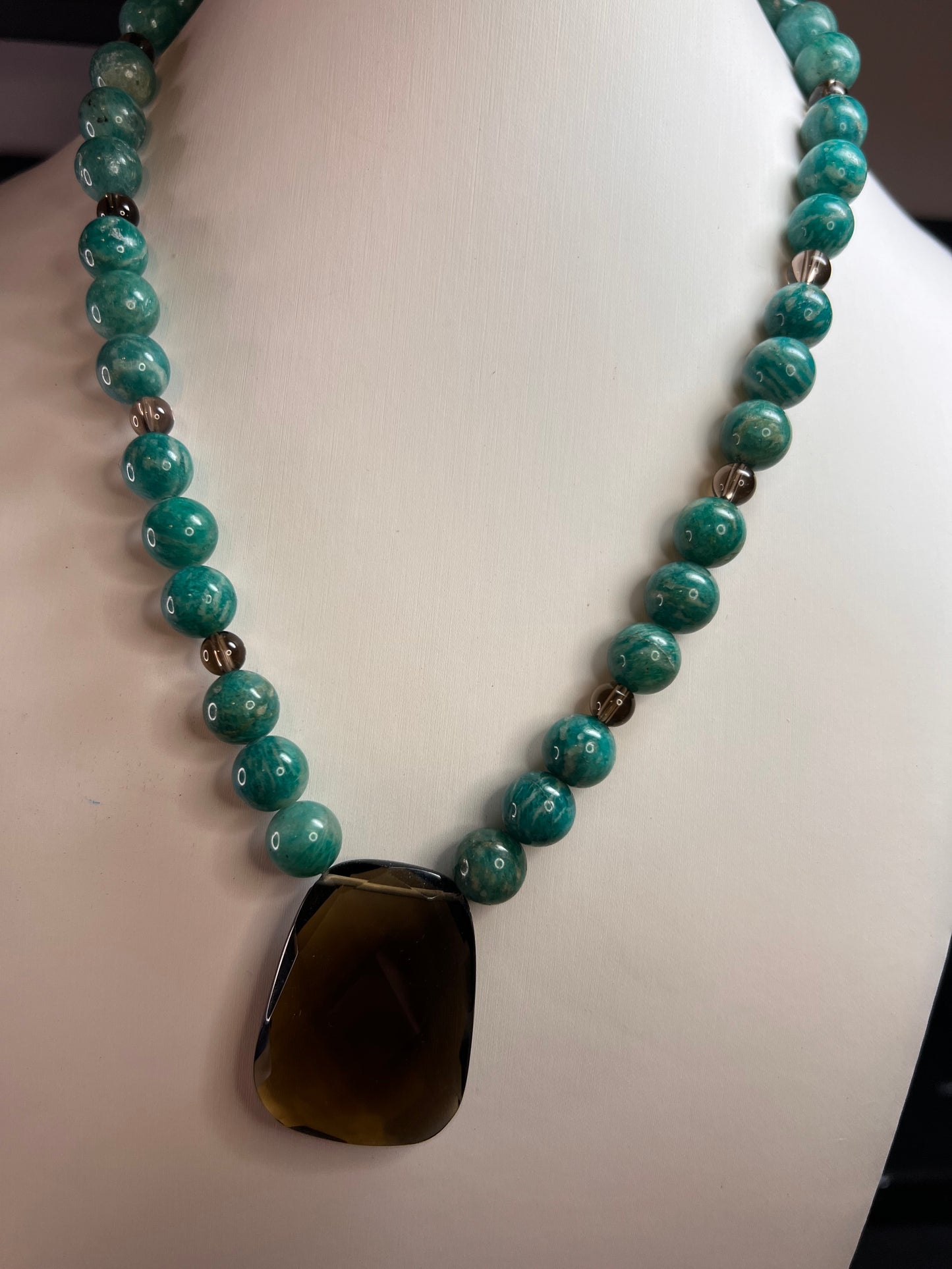 Russian amazonite and smoky quartz necklace with sterling silver clasp