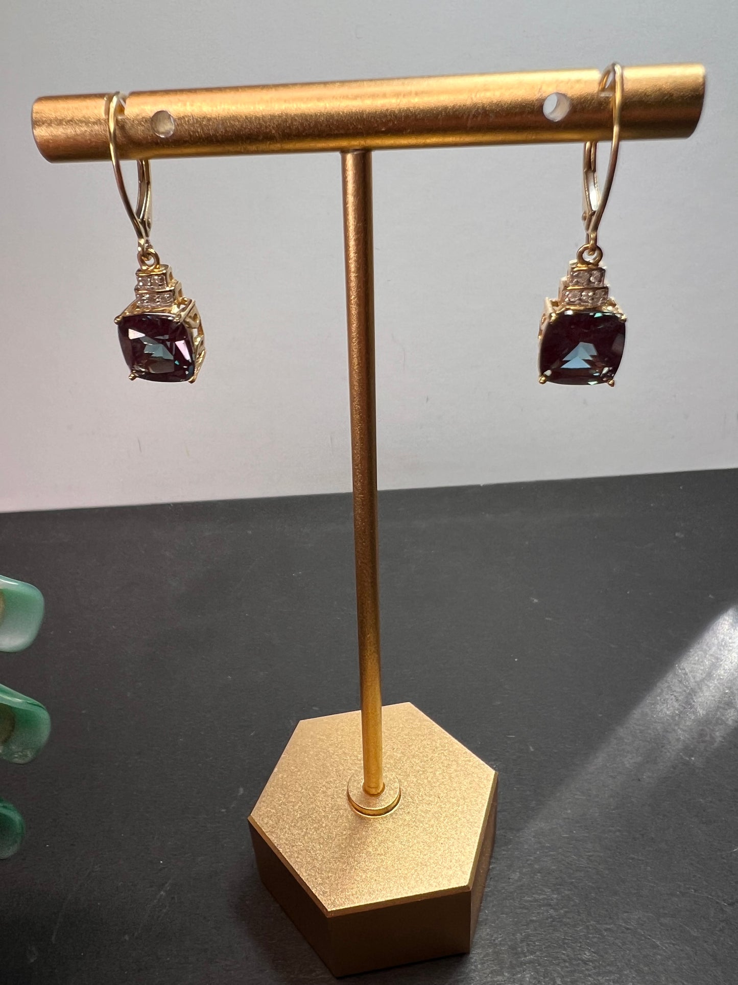 10k gold Lab alexandrite and diamond lever back earrings