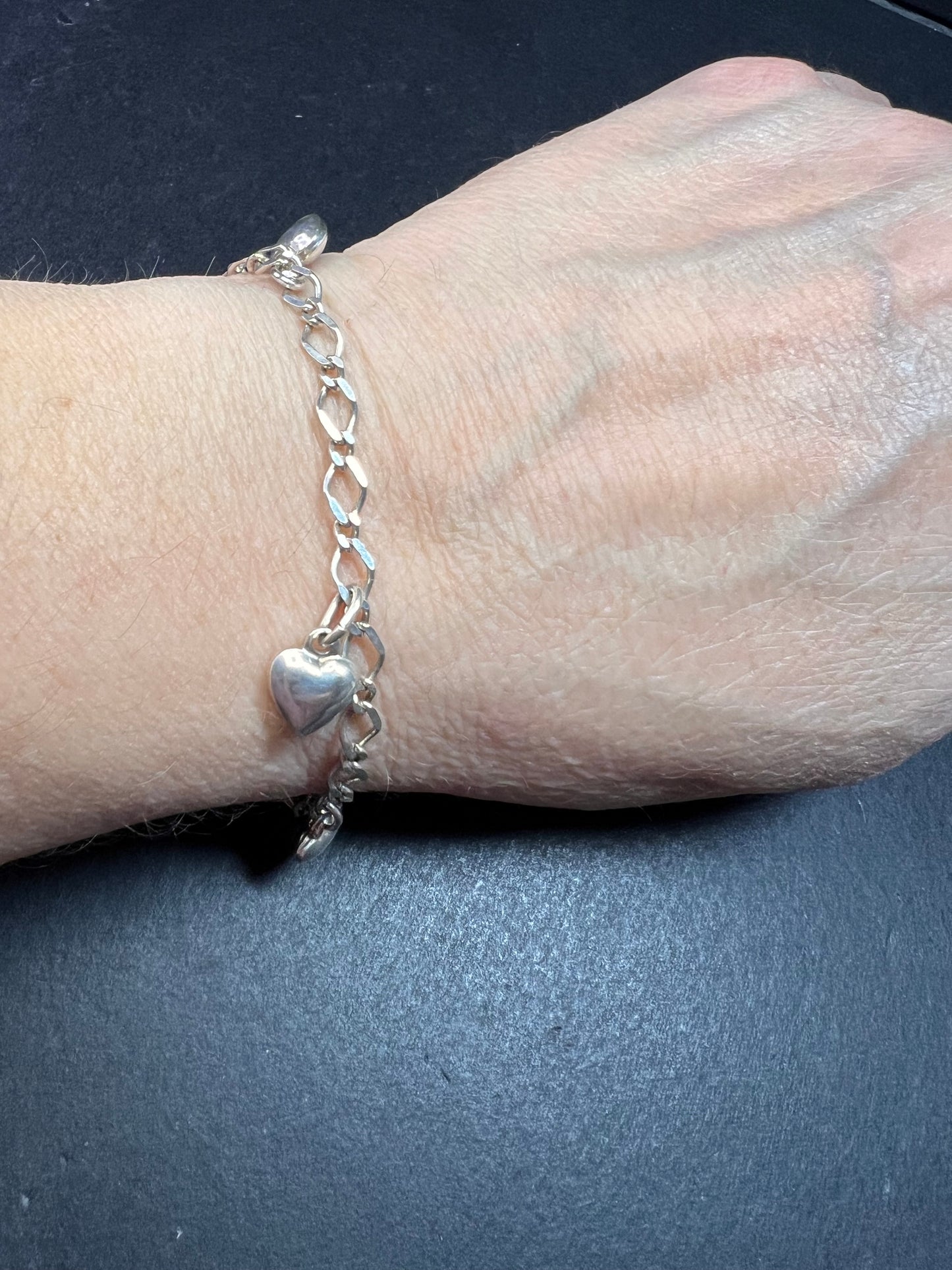 Vintage sterling silver puffy hearts lock and key charm bracelet 7.5 inch